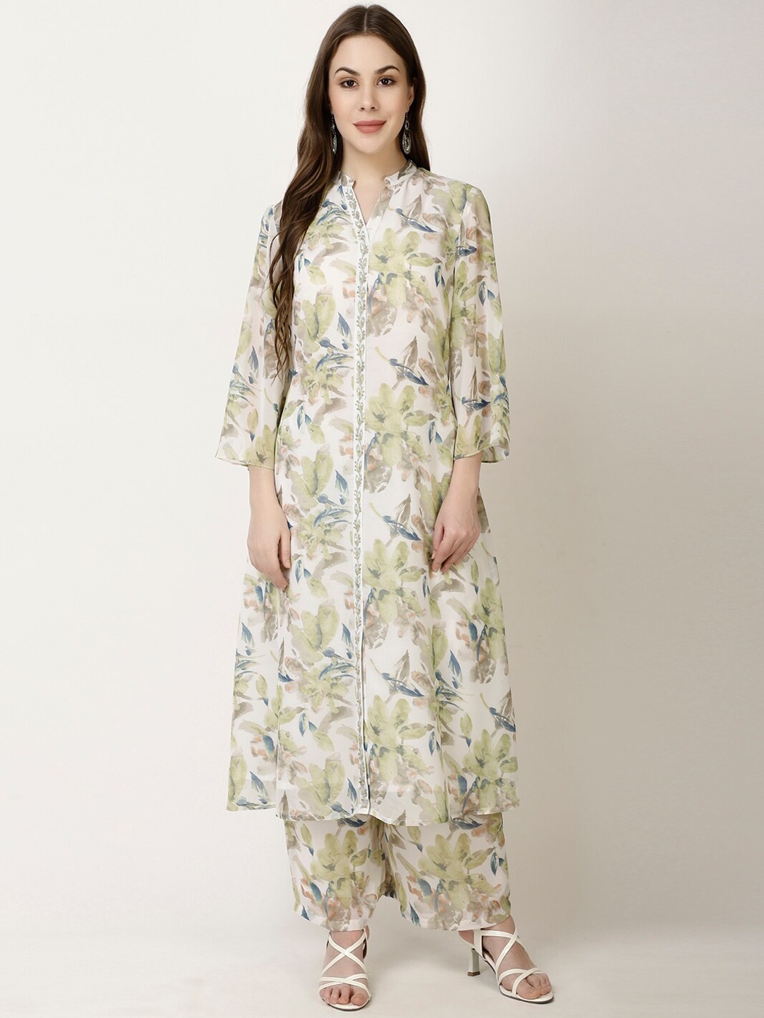 

FFU Floral Printed Georgette A-Line Kurta with Palazzo, Green