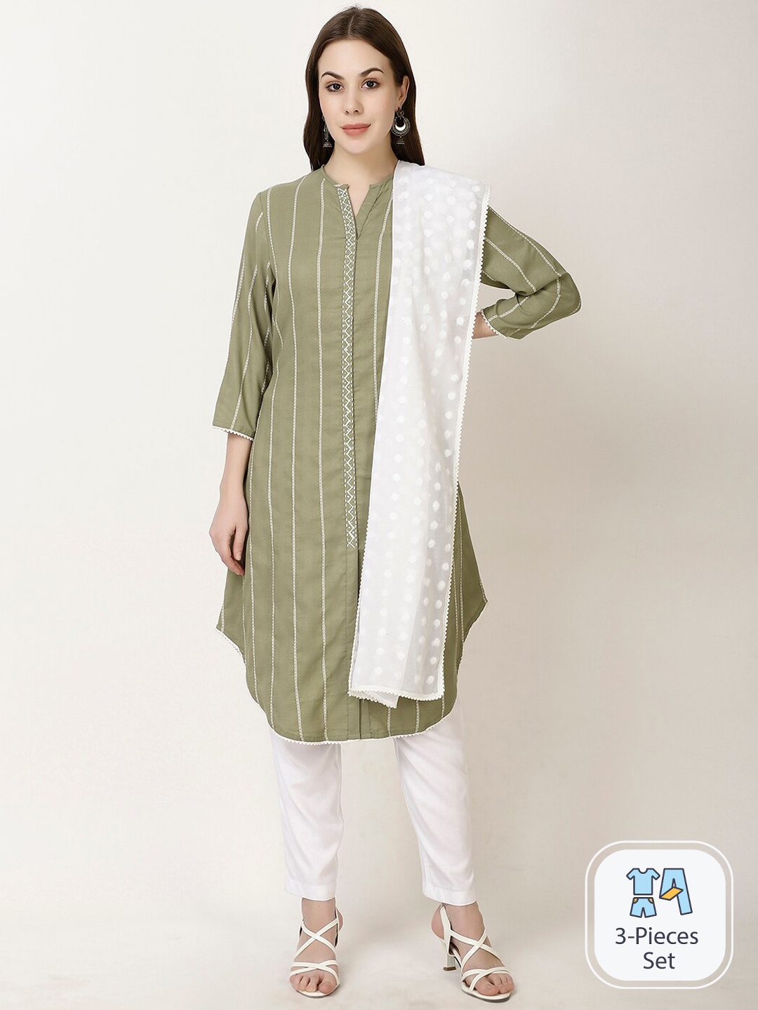 

FFU Striped A-Line Kurta With Trousers & Dupatta, Green