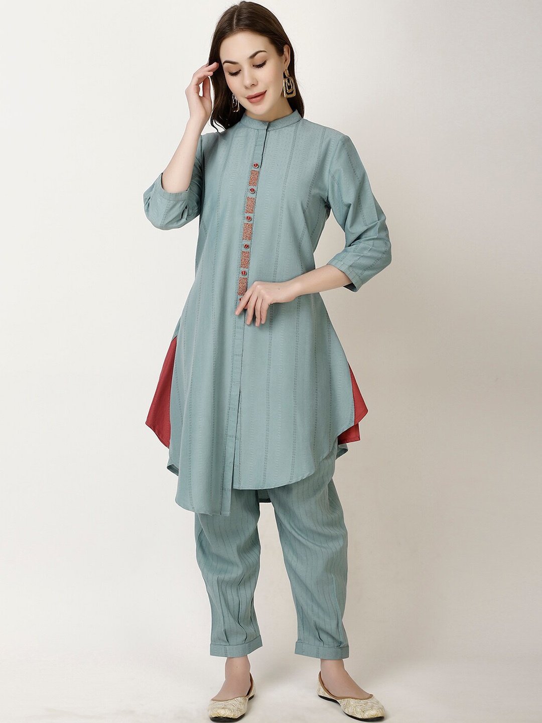 

FFU Striped Mandarin Collar A-Line Kurta With Trousers, Green