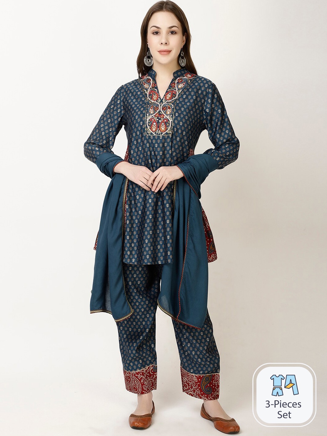 

FFU Ethnic Motifs Printed Regular A-Line Kurti With Trousers & Dupatta, Navy blue