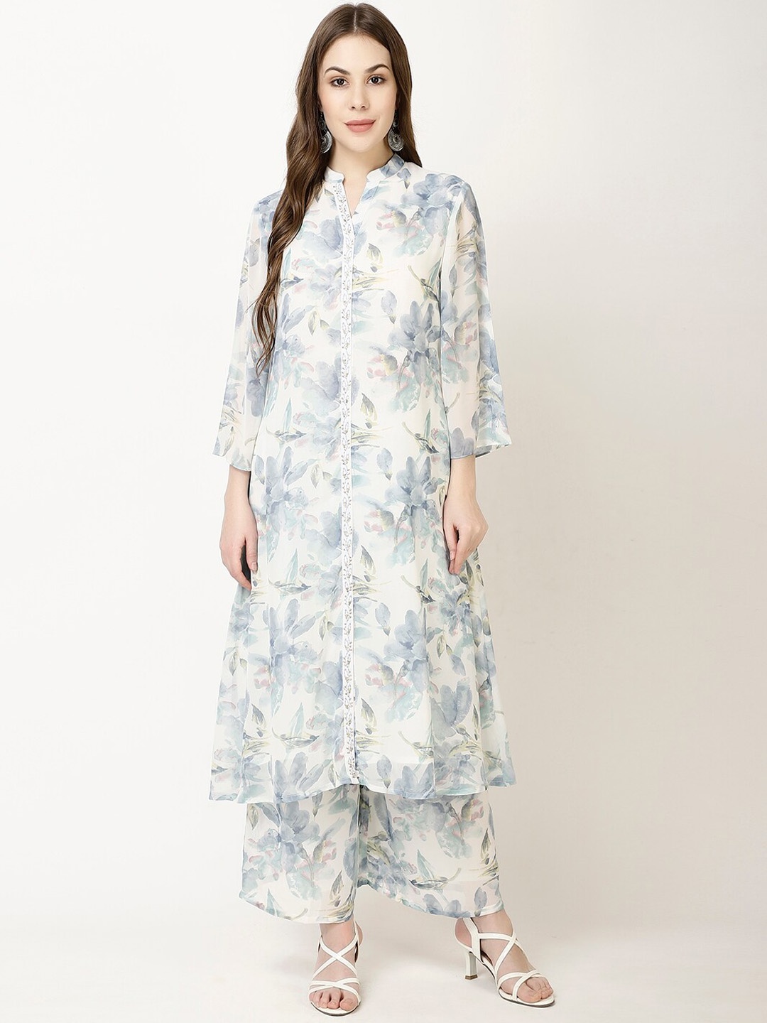 

FFU Floral Printed Mandarin Collar Straight Kurta With Palazzos, Blue