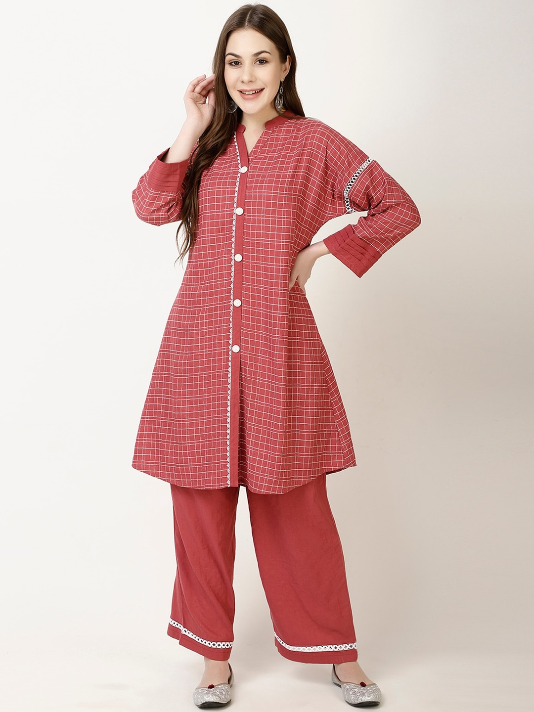 

FFU Checked Mandarin Collar A-Line Kurta With Palazzo, Peach