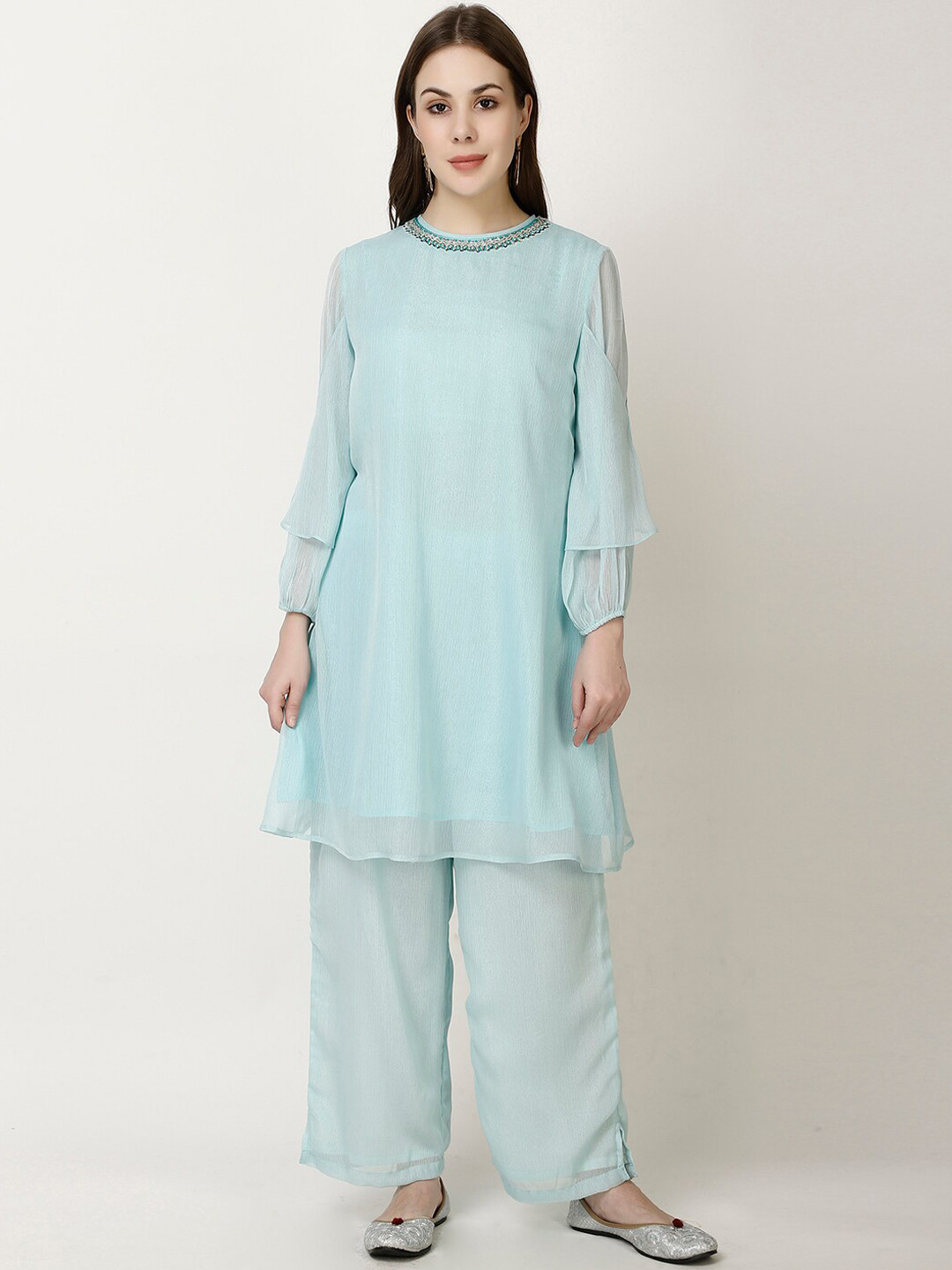 

FFU Round Neck Straight Puff Sleeve A-Line Kurta With Palazzos, Blue