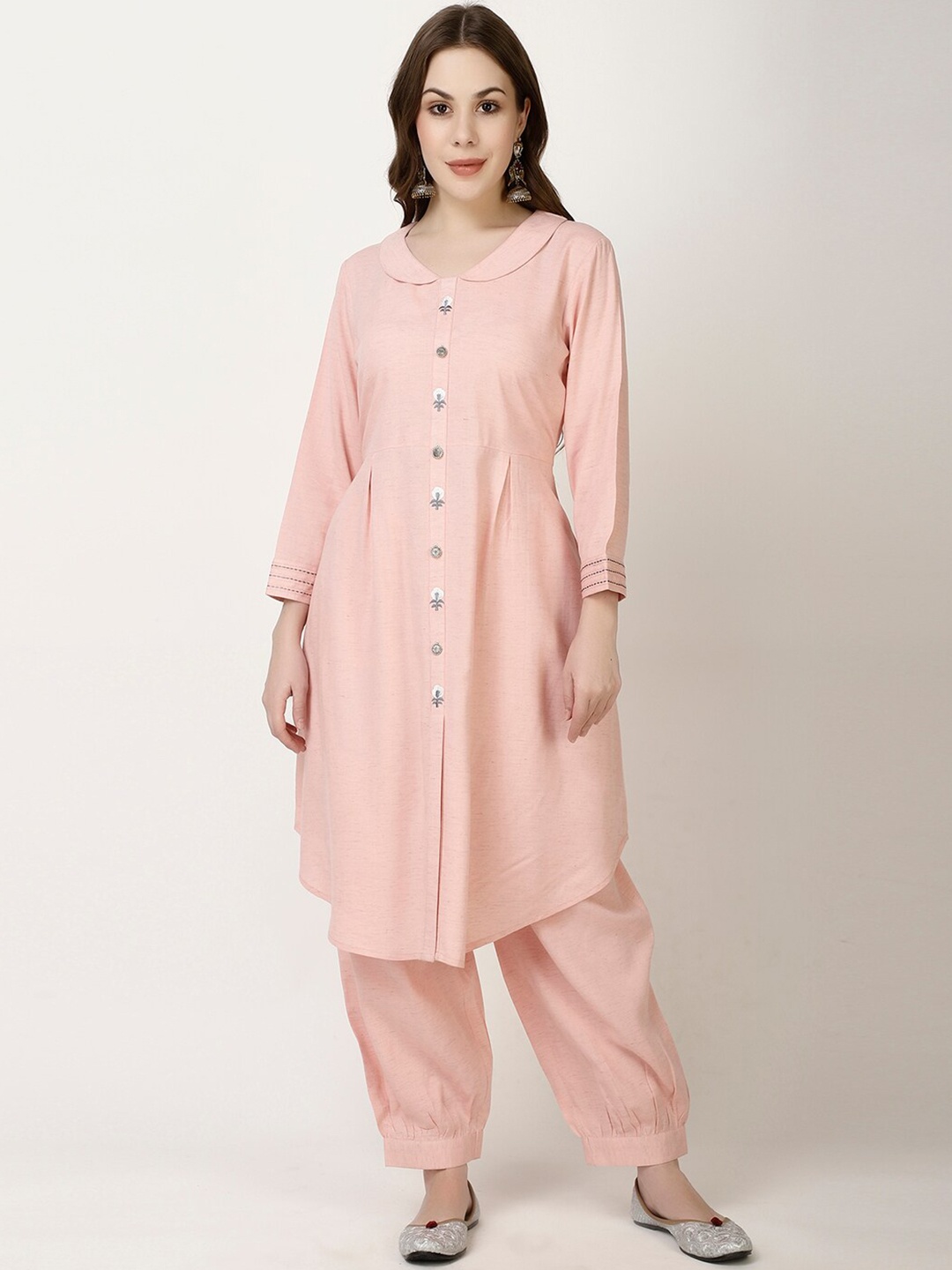 

FFU Round Neck Pleated Regular Kurta With Trousers, Peach