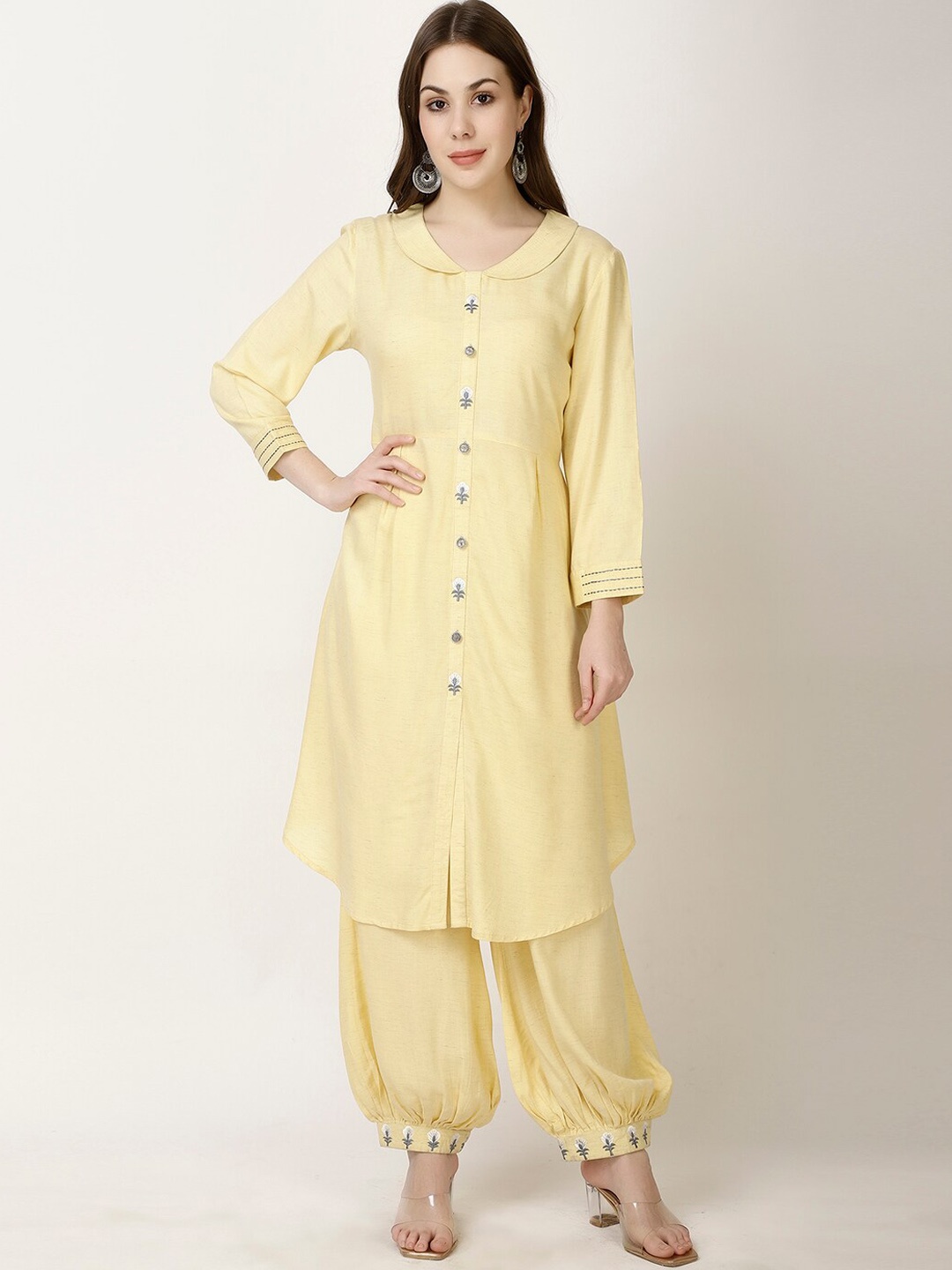 

FFU PeterPan Collar A-Line Kurta With Salwar, Yellow