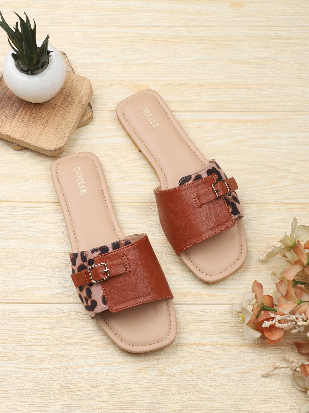 

Gibelle Printed Open Toe Flats With Buckles, Brown