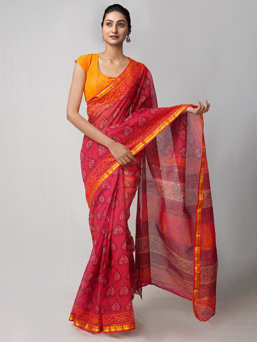 

Unnati Silks Ethnic Motifs Printed Zari Pure Cotton Kota Saree, Red