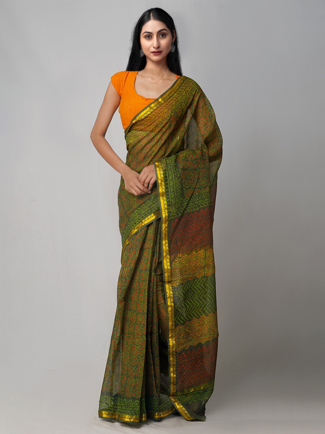 

Unnati Silks Ethnic Motifs Printed Zari Pure Cotton Handloom Kota Saree, Green