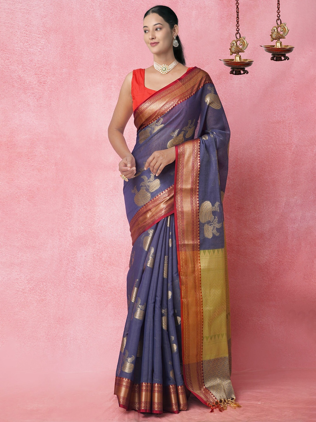 

Unnati Silks Ethnic Motifs Woven Design Zari Silk Cotton Chanderi Saree, Blue