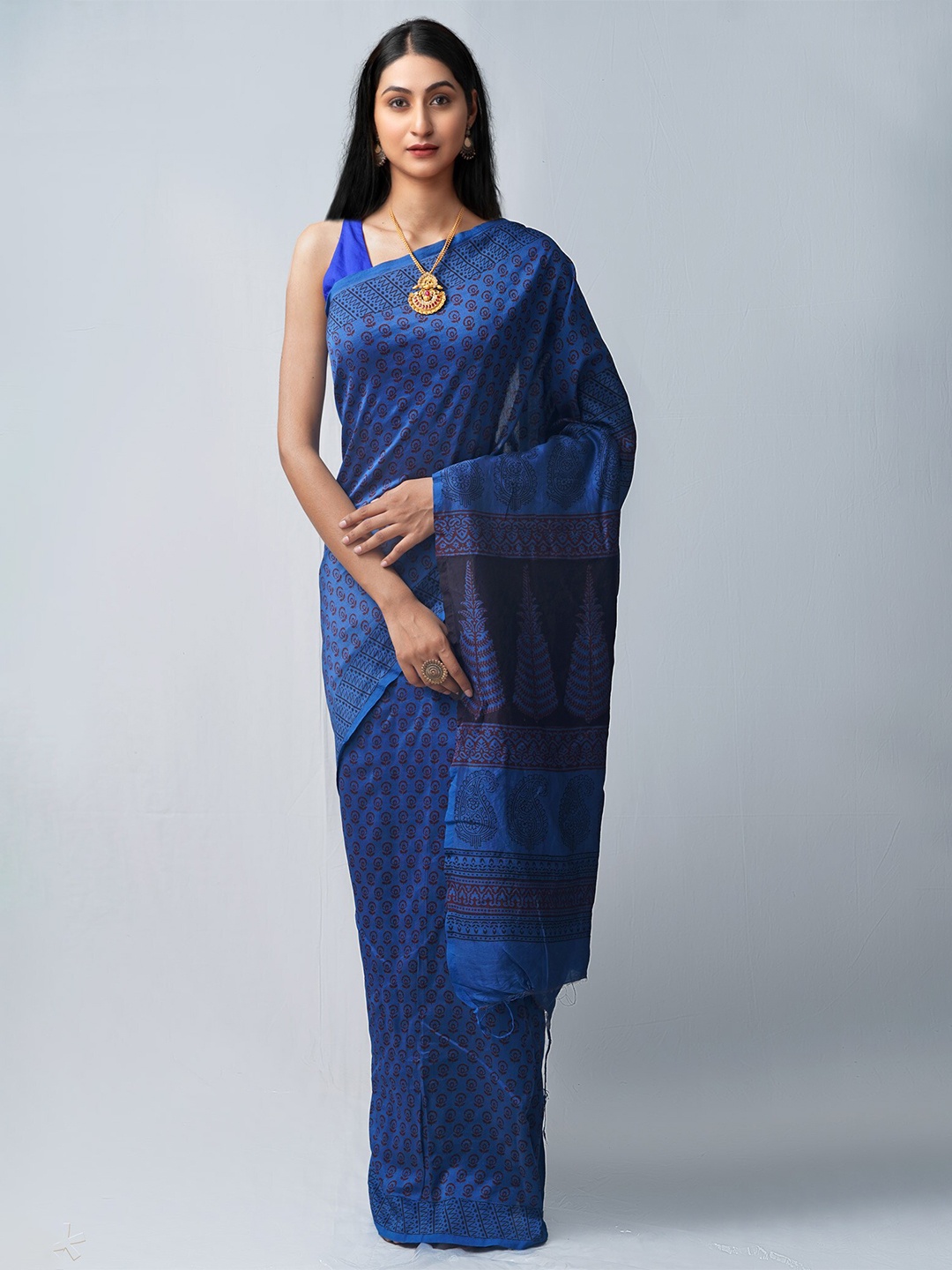 

Unnati Silks Ethnic Motifs Printed Pure Chanderi Saree, Blue