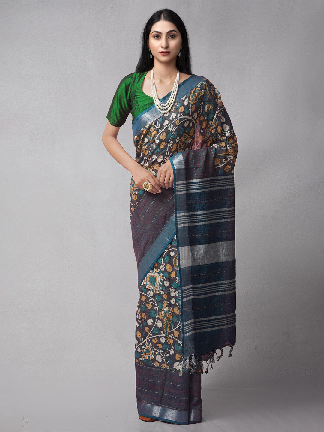 

Unnati Silks Ethnic Motifs Woven Design Zari Pure Cotton Jamdani Saree, Blue