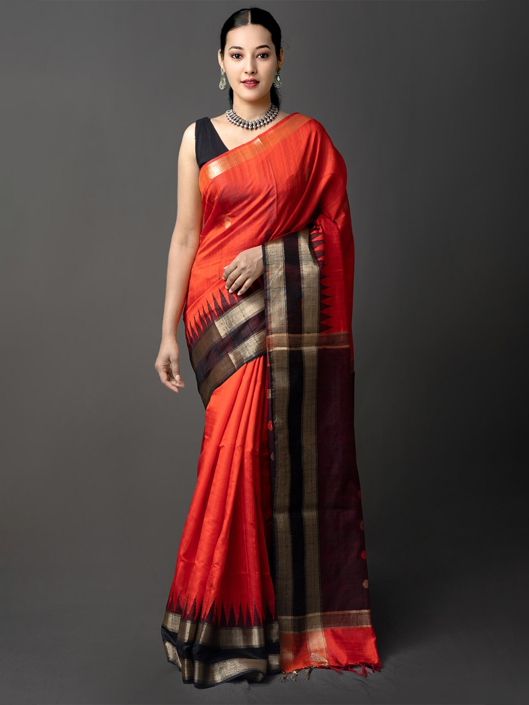 

Unnati Silks Ethnic Motifs Woven Design Zari Silk Cotton Chanderi Saree, Orange