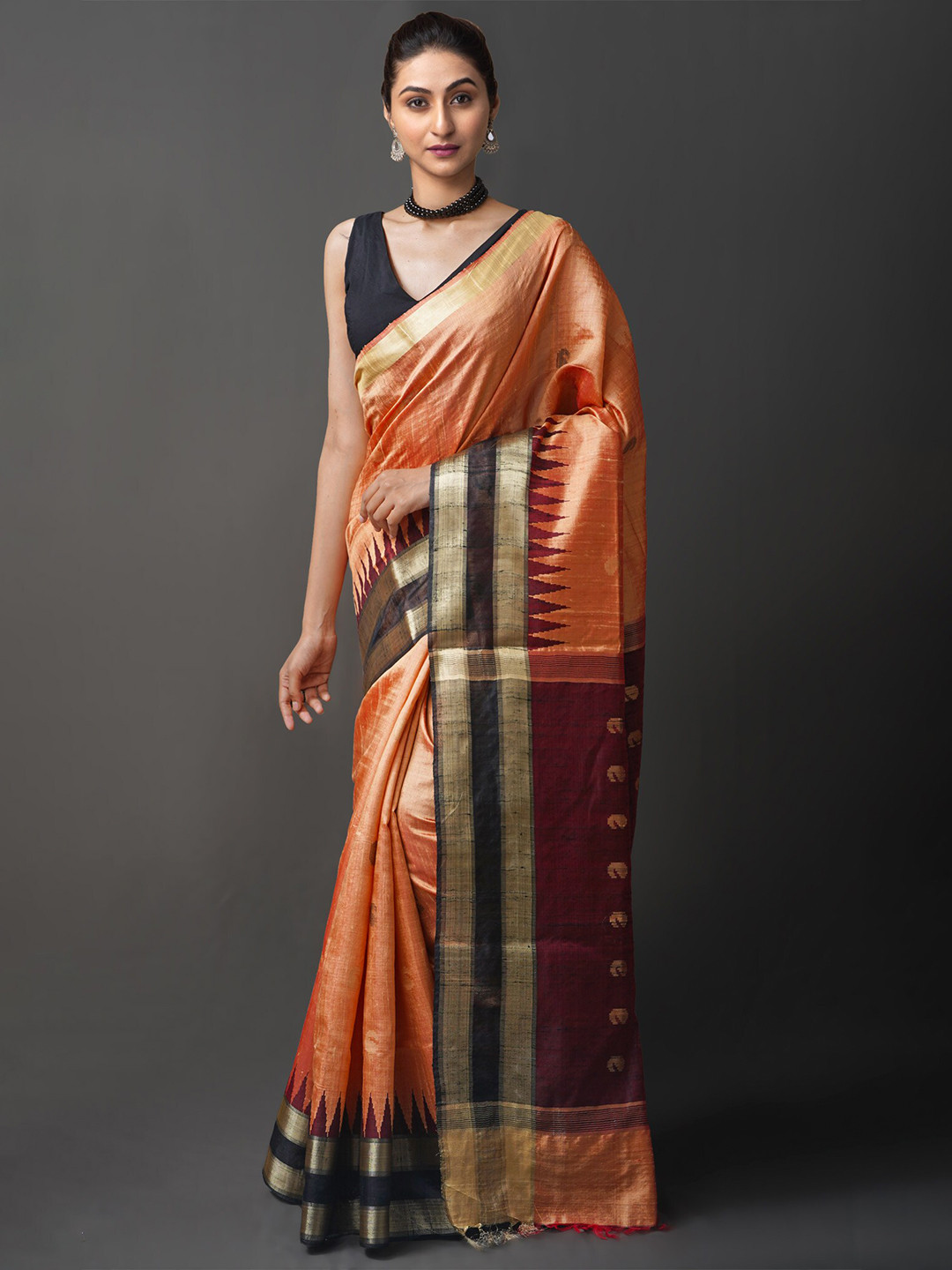 

Unnati Silks Ethnic Motifs Woven Design Zari Silk Cotton Chanderi Saree, Orange
