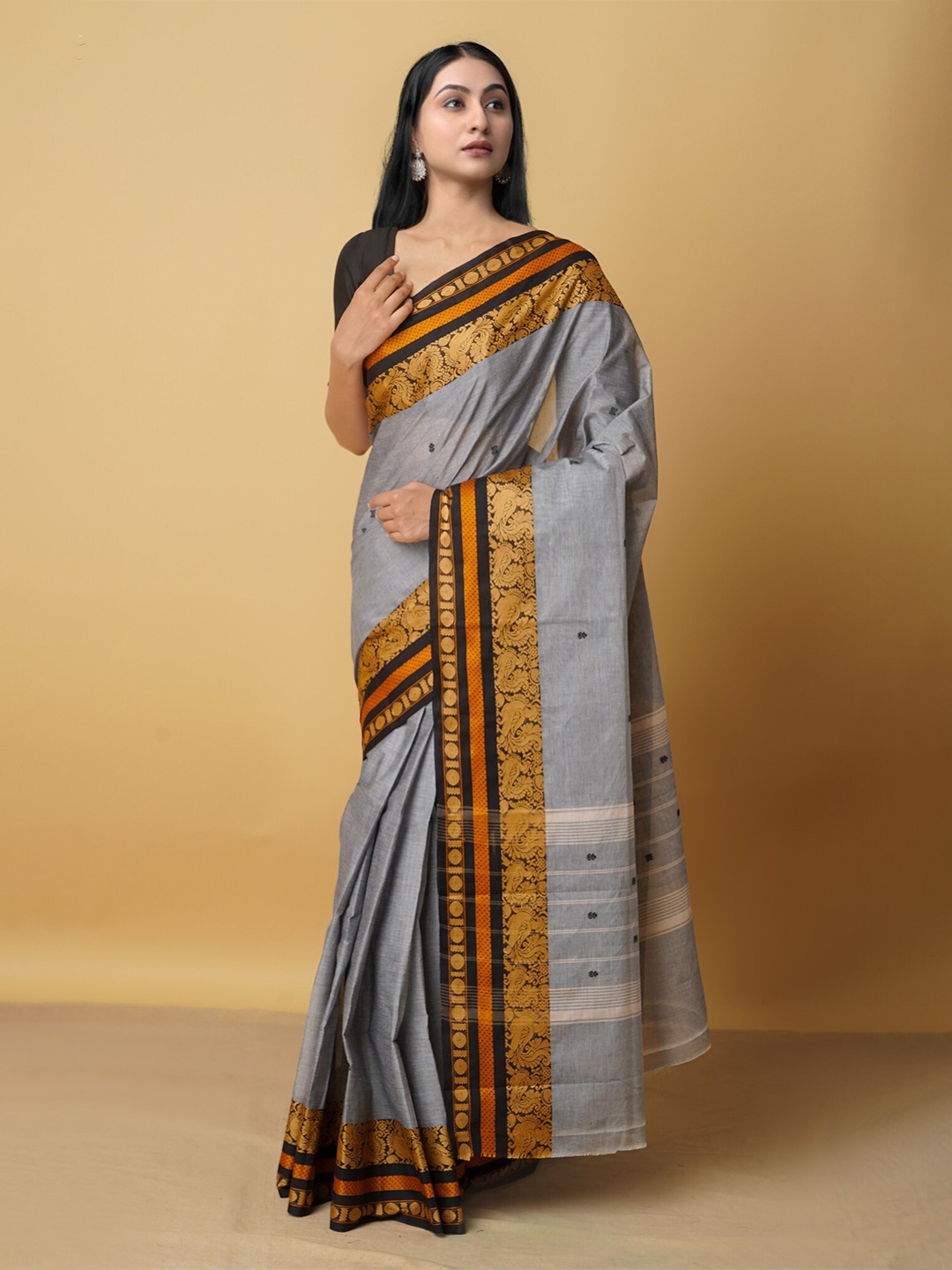 

Unnati Silks Ethnic Motifs Woven Design Zari Pure Cotton Kanjeevaram Saree, Grey