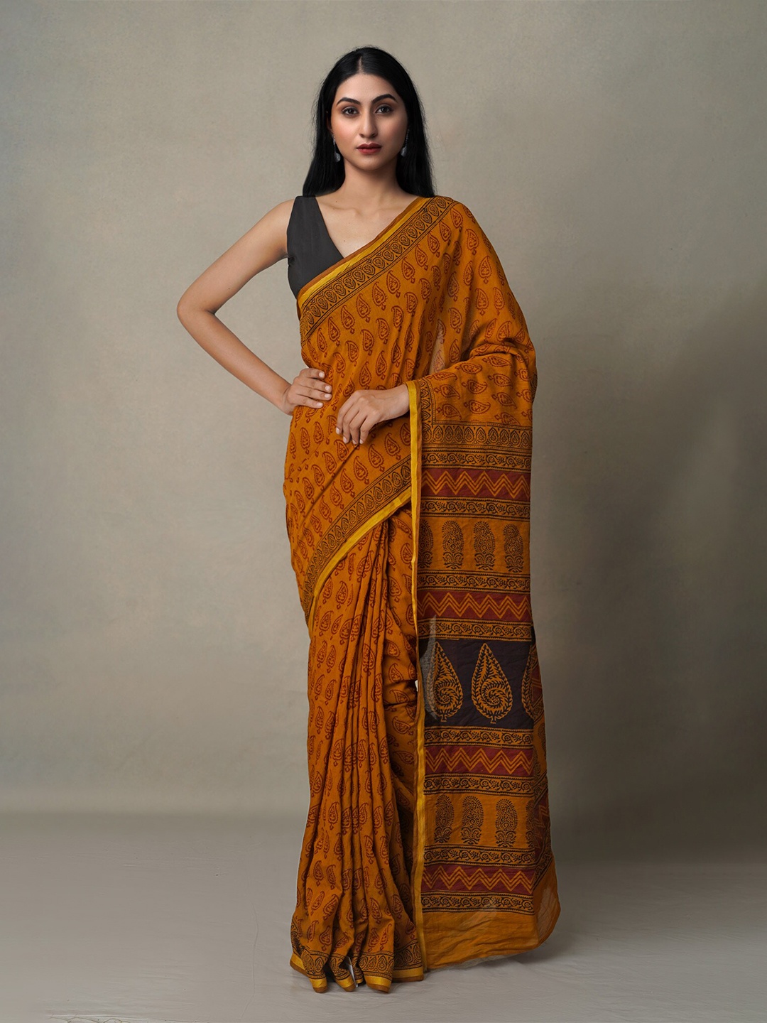 

Unnati Silks Ethnic Motifs Printed Zari Chanderi Saree, Orange