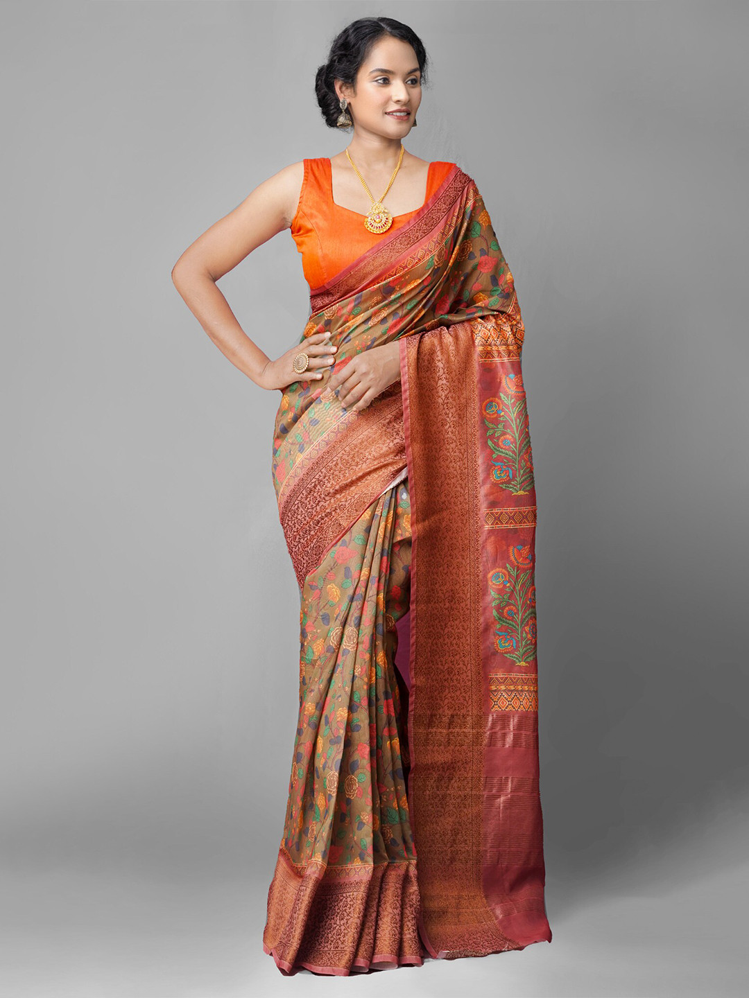 

Unnati Silks Kalamkari Printed Zari Silk Cotton Maheshwari Saree, Orange