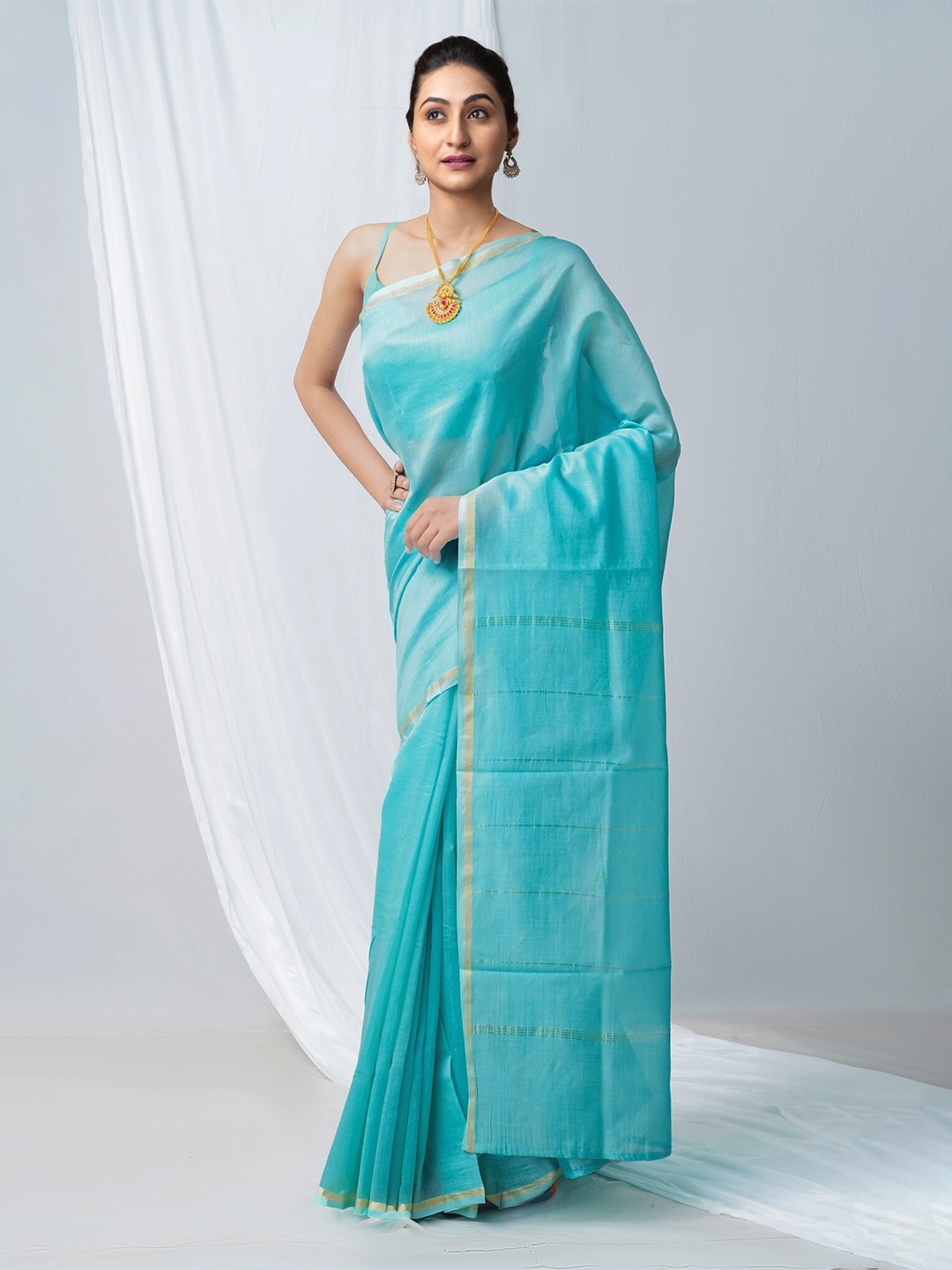 

Unnati Silks Striped Woven Design Zari Silk Cotton Chanderi Saree, Blue