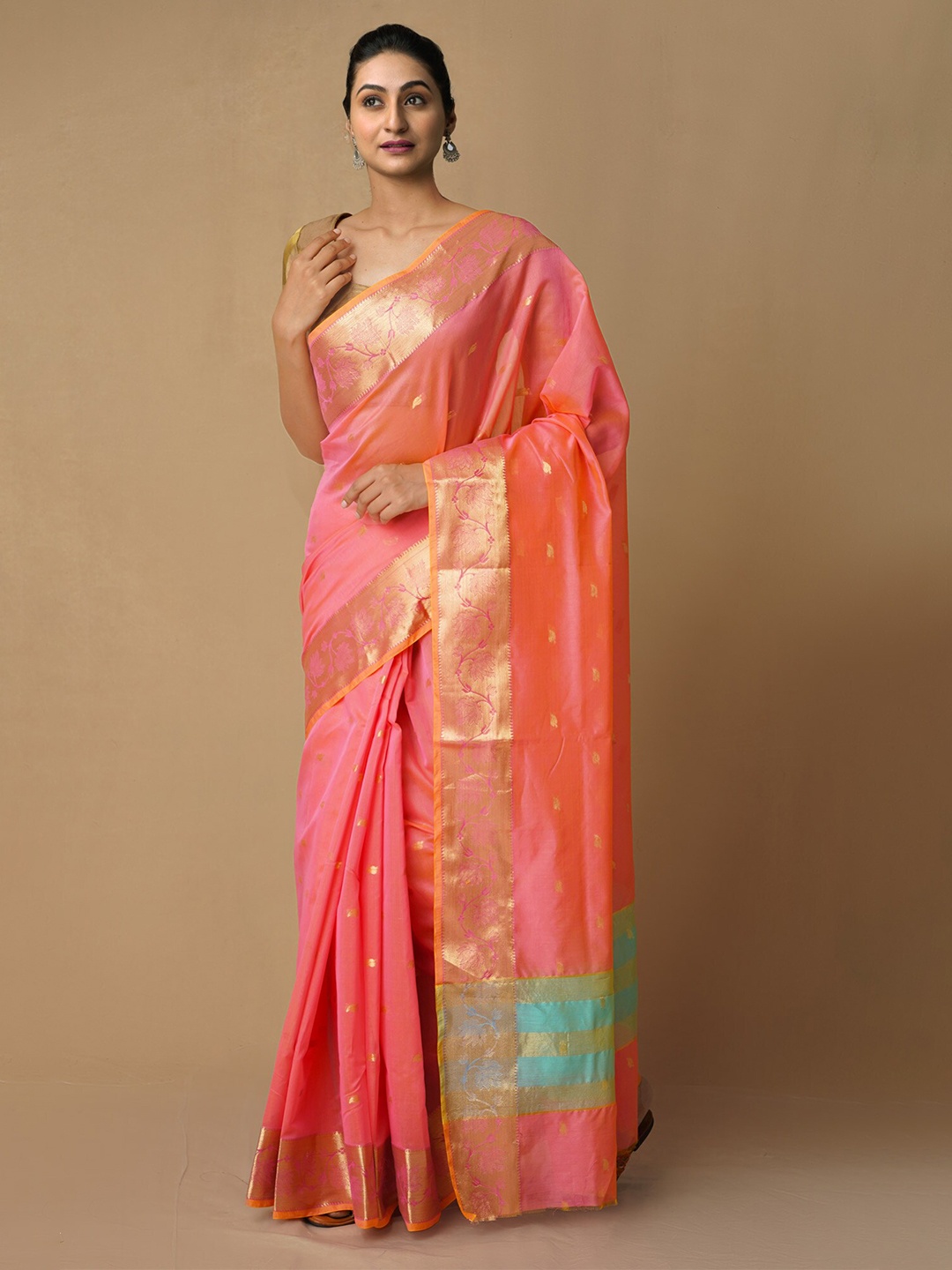

Unnati Silks Woven Design Zari Silk Cotton Baluchari Saree, Pink