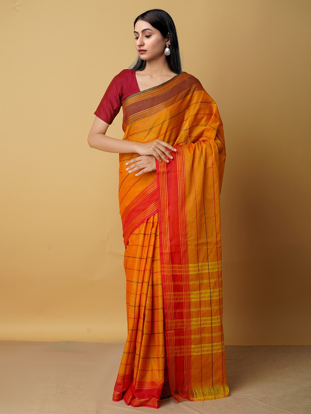 

Unnati Silks Striped Woven Design Pure Cotton Kanjeevaram Saree, Orange