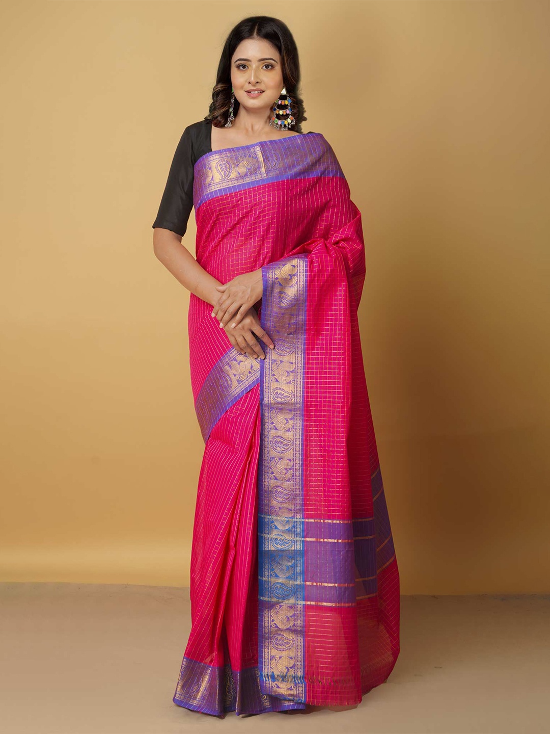 

Unnati Silks Checked Zari Pure Cotton Handloom Venkatgiri Saree, Pink
