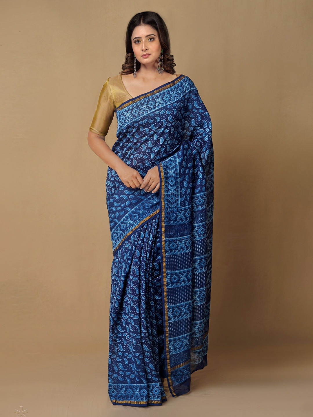 

Unnati Silks Ethnic Motifs Zari Pure Cotton Chanderi Saree, Navy blue