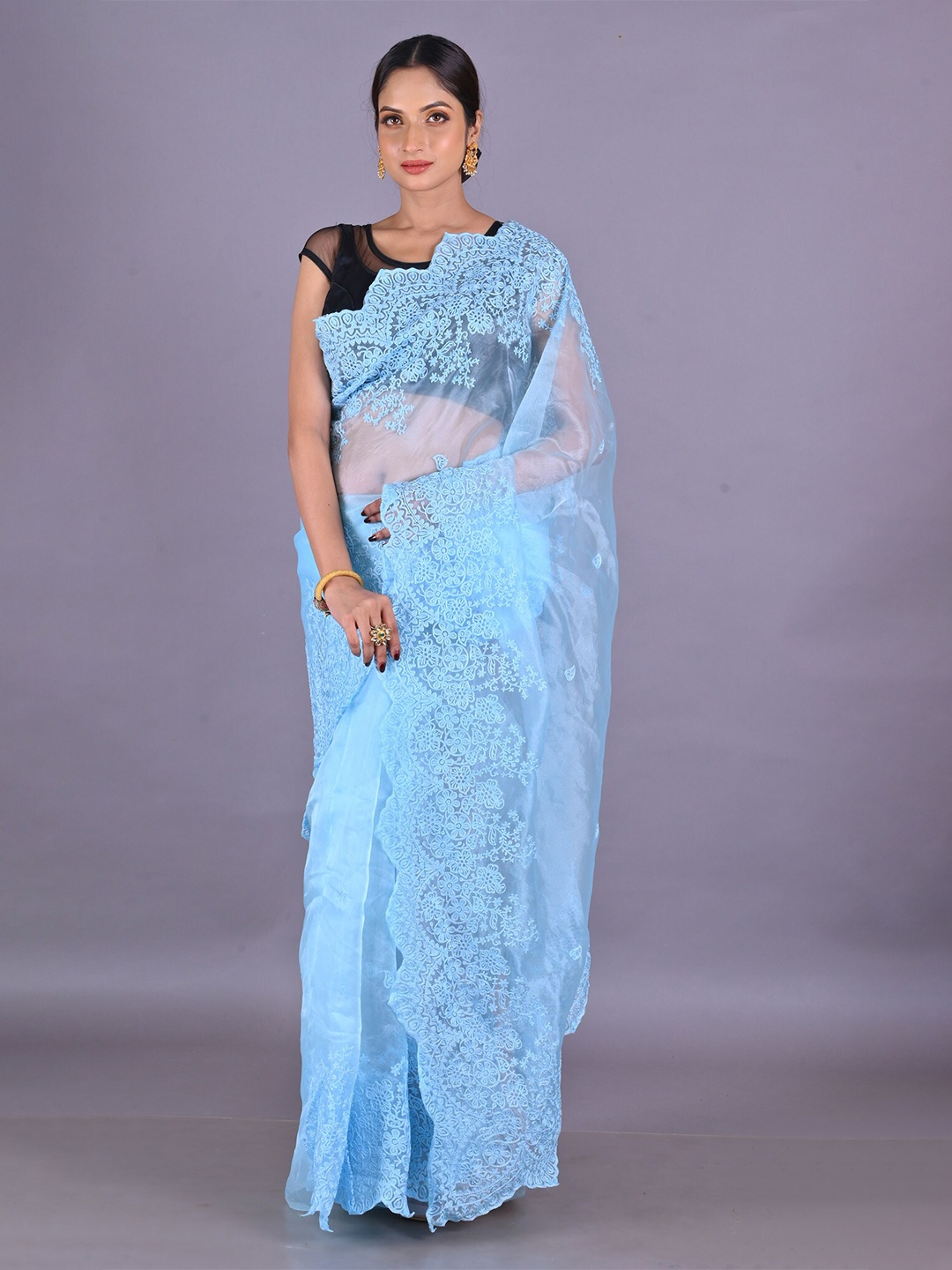 

Unnati Silks Floral Embroidered Organza Patola Saree, Blue