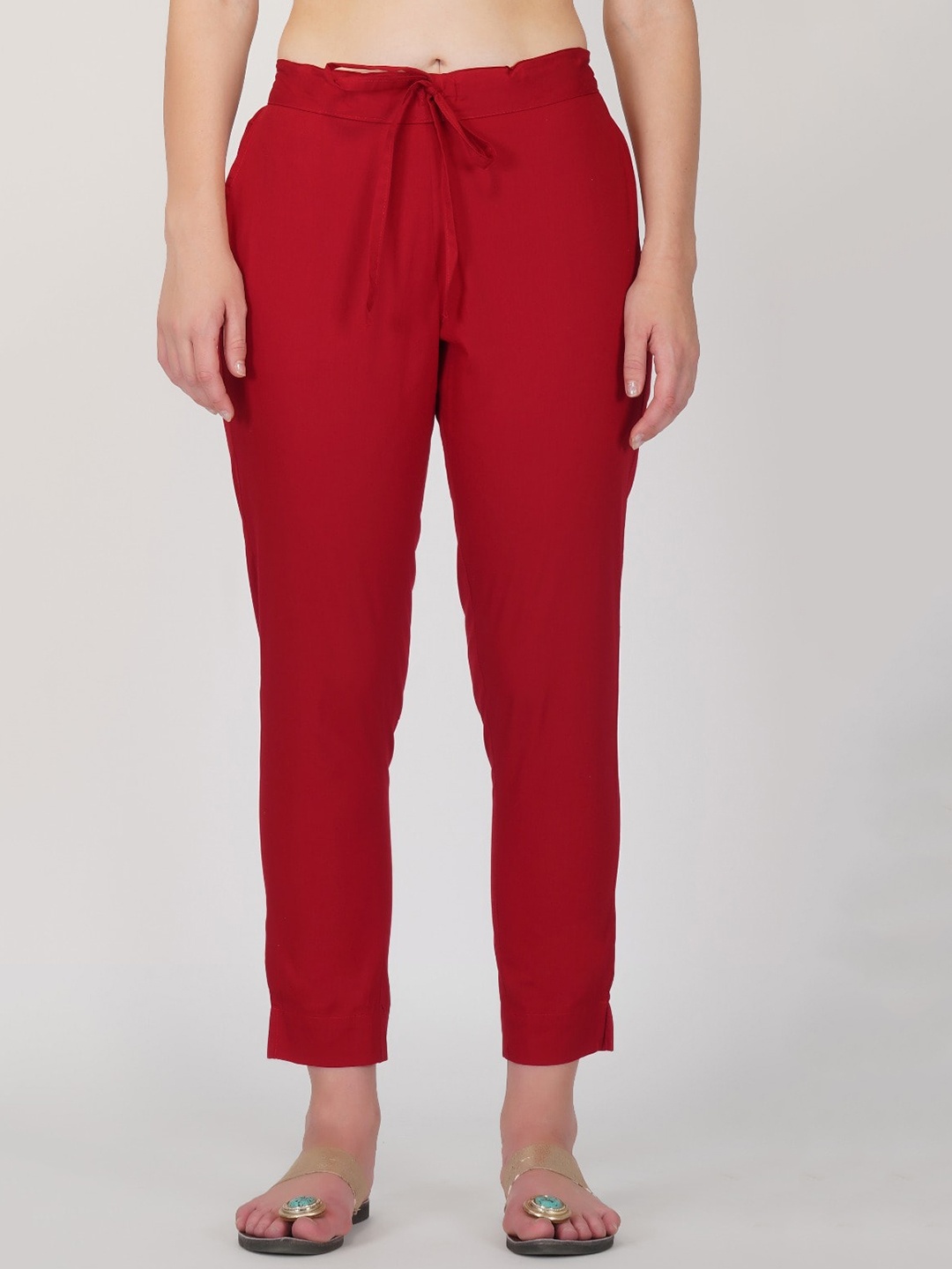 

RATAN Women Tailored Fit Pure Cotton Trousers, Red