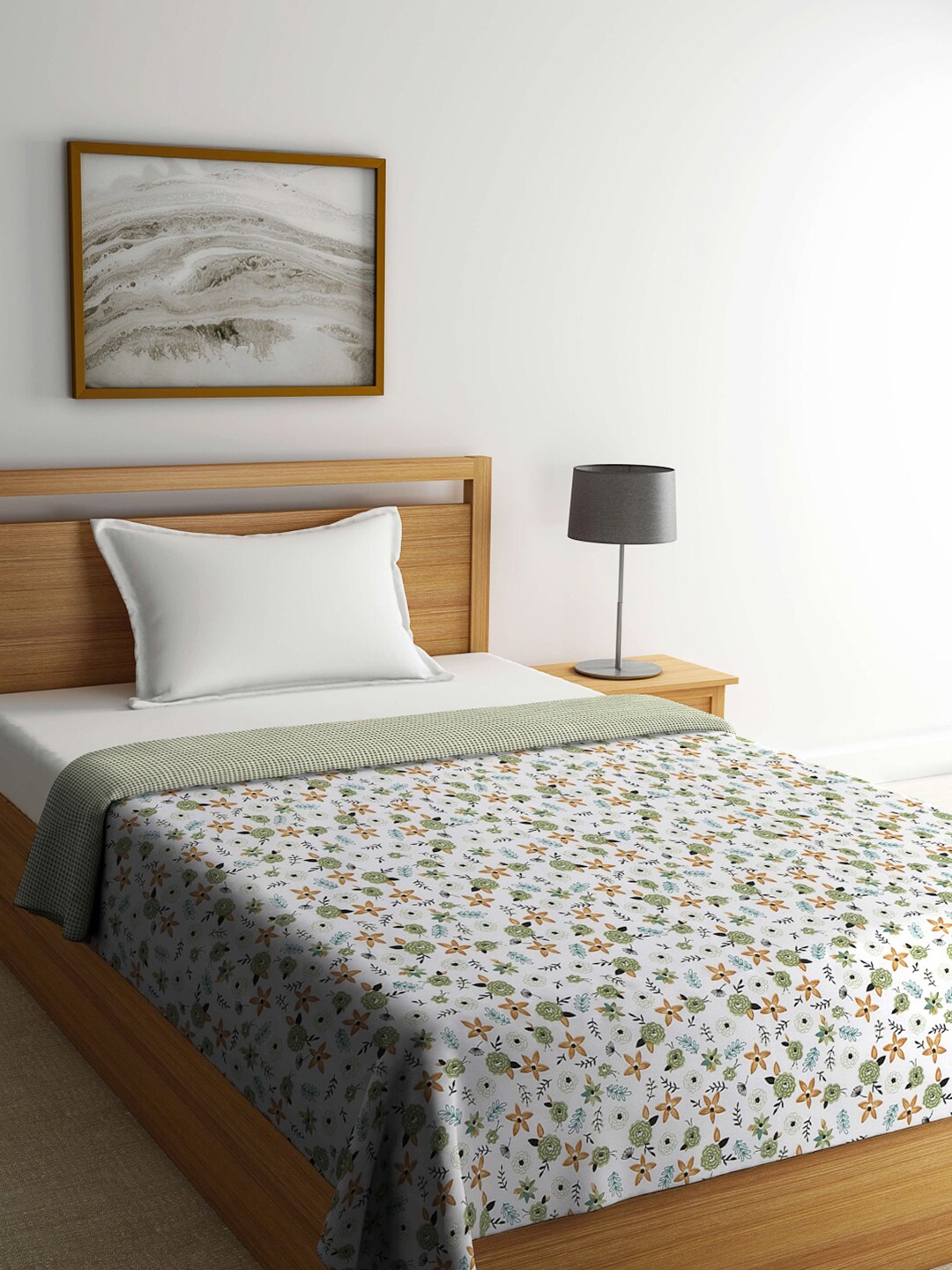 

FABINALIV Off White & Green Floral Reversible AC Room 300 GSM Single Bed Dohar