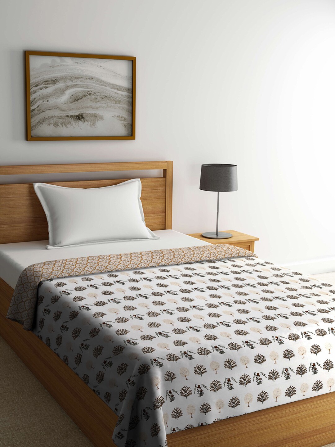 

FABINALIV Multicolor Floral Print Reversible AC Room 300 GSM Pure Cotton Single Bed Dohar, Off white