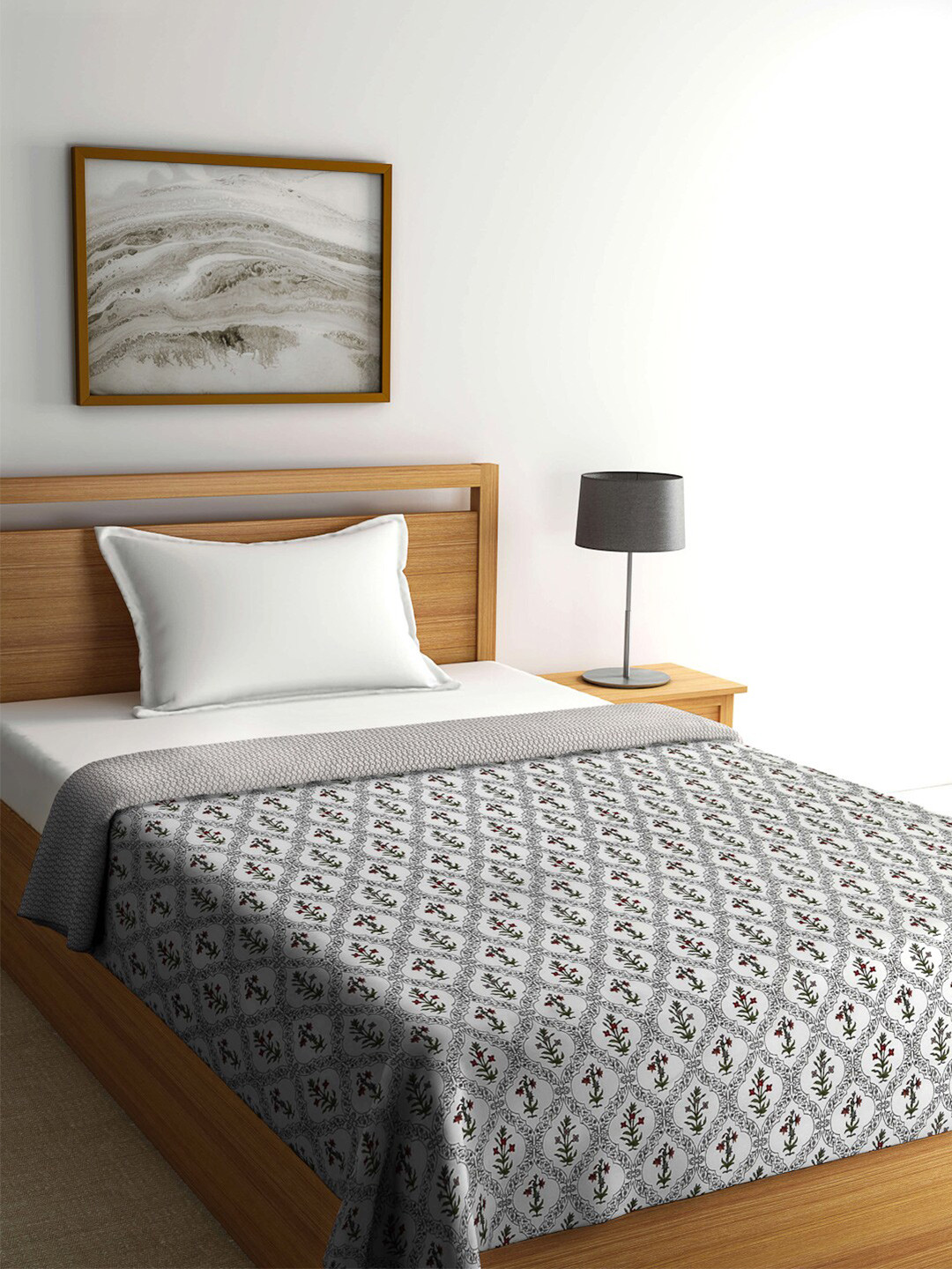 

FABINALIV White & Grey Floral AC Room 300 GSM Single Bed Dohar