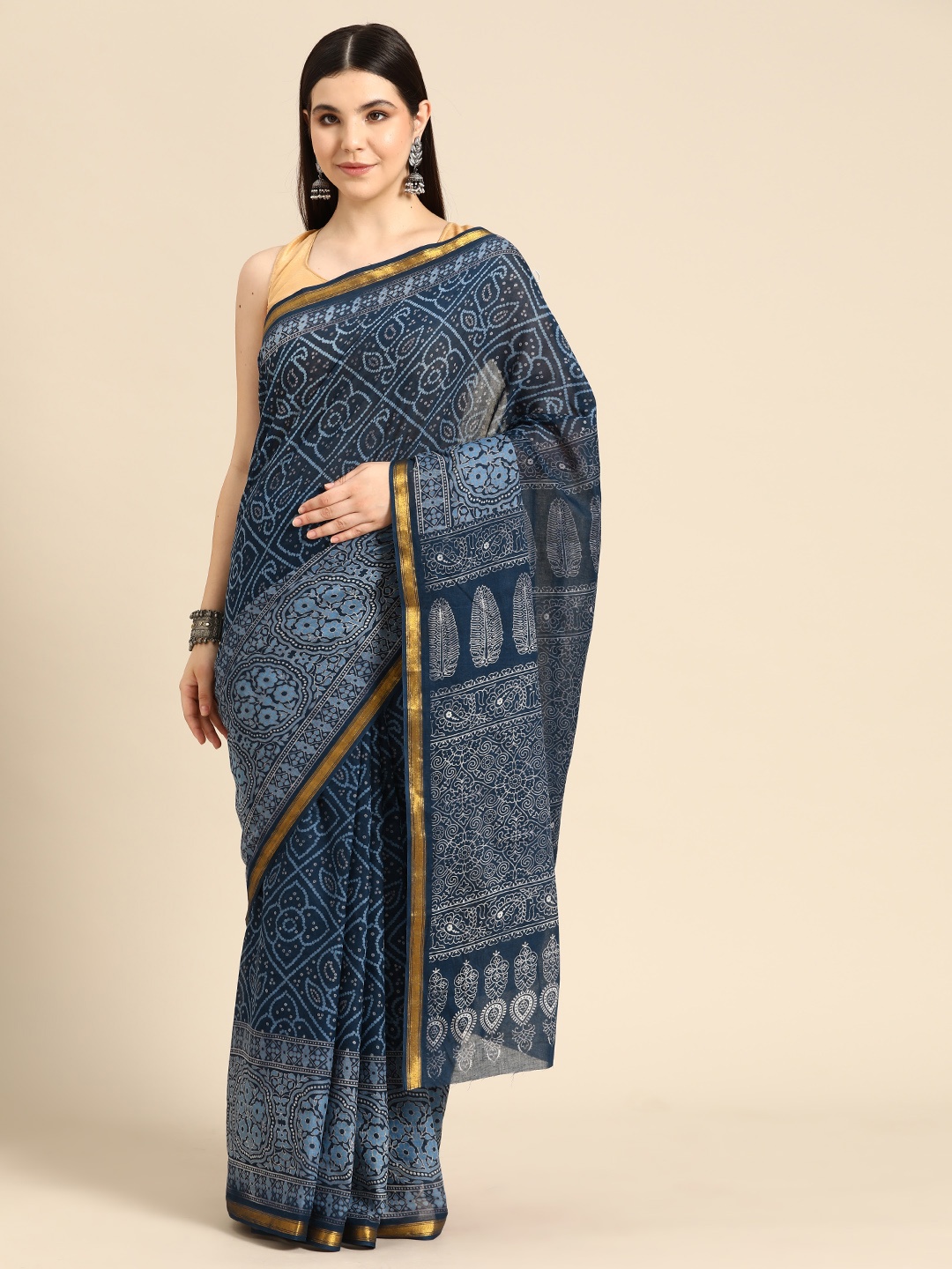 

BUTA BUTI Bandhani Printed Pure Cotton Saree, Blue