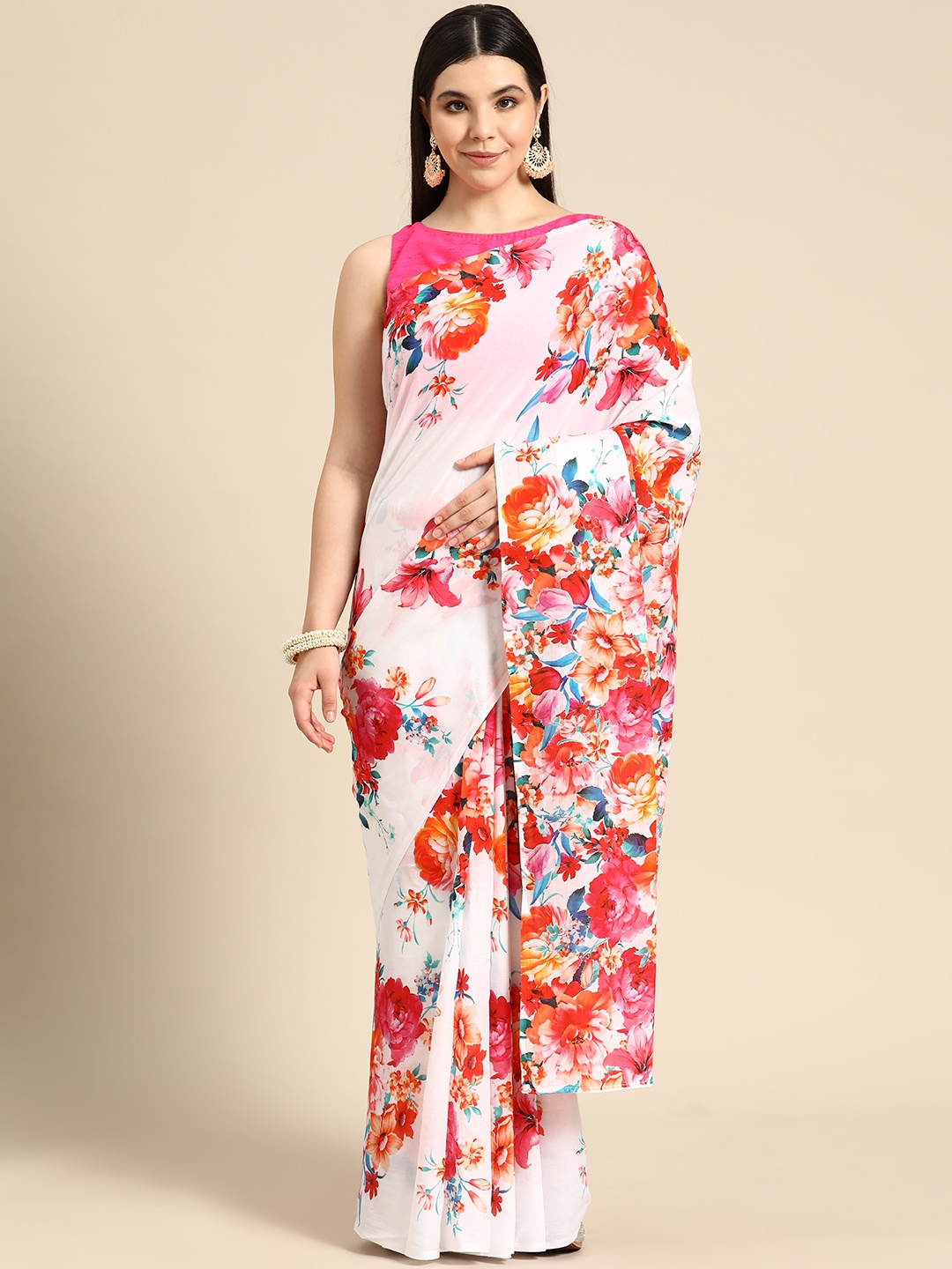 

BUTA BUTI Floral Printed Pure Cotton Saree, White