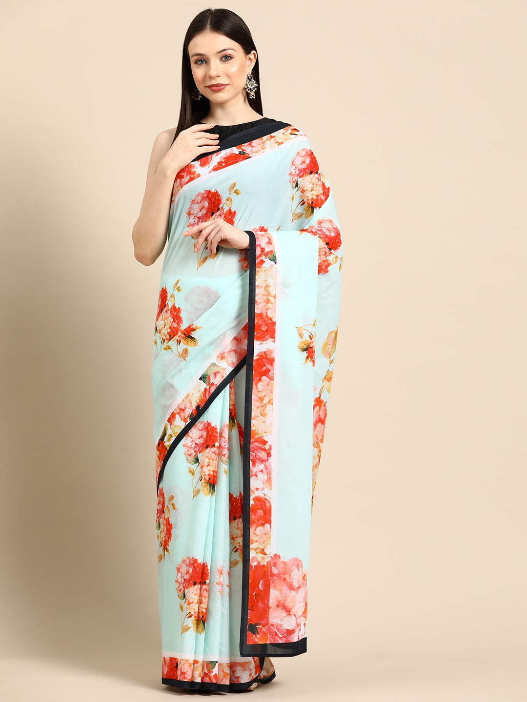 

BUTA BUTI Floral Printed Pure Cotton Saree, Sea green