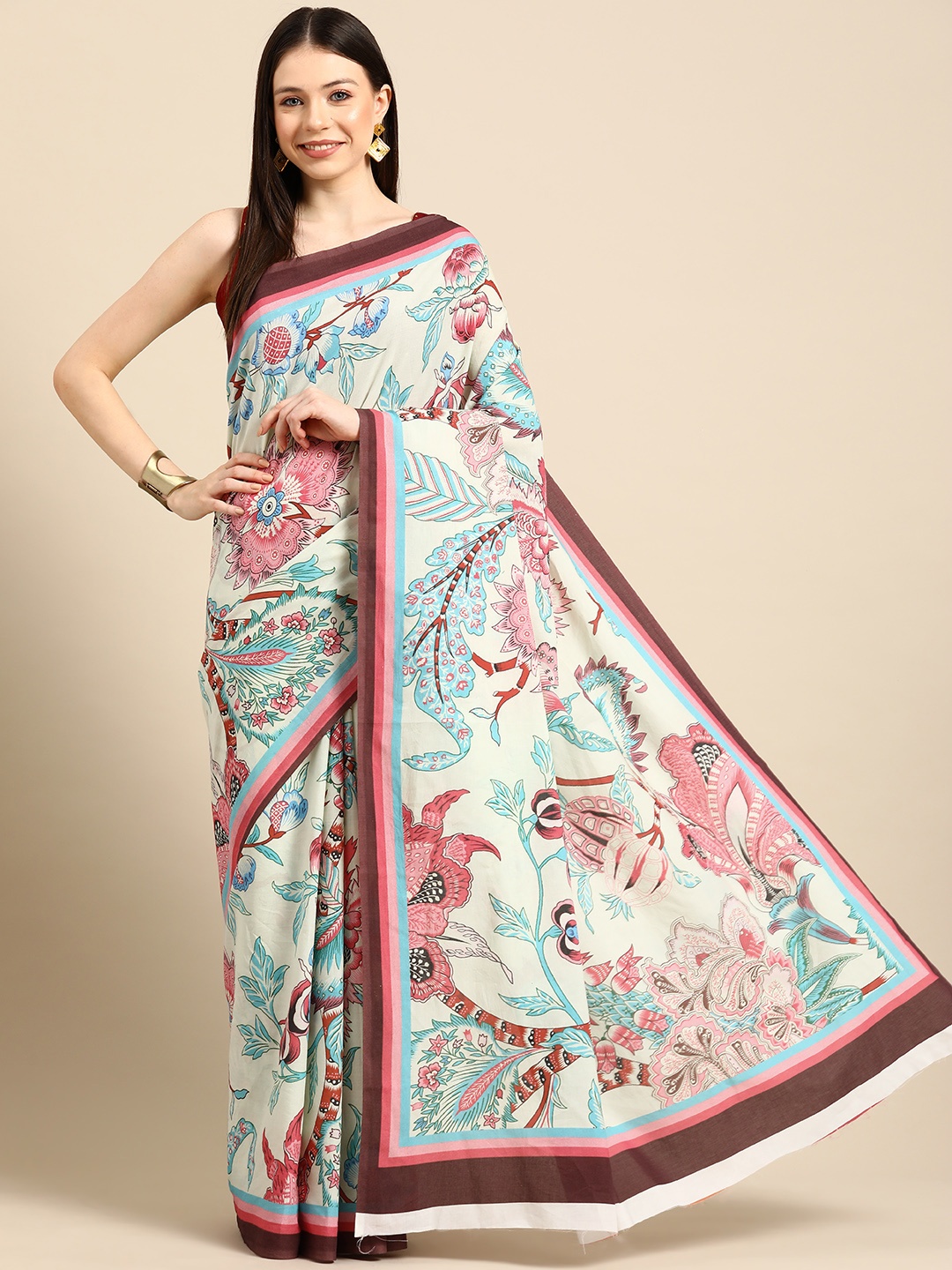 

BUTA BUTI Floral Printed Pure Cotton Saree, Cream