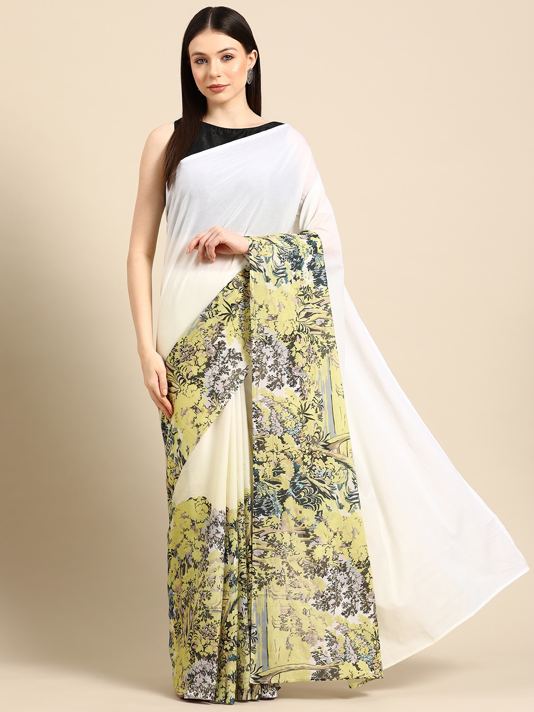 

BUTA BUTI Floral Printed Pure Cotton Saree, Green
