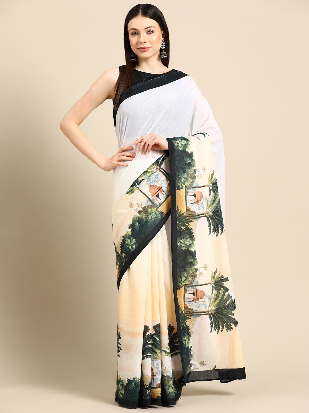 

BUTA BUTI Kalamkari Printed Pure Cotton Saree, Beige