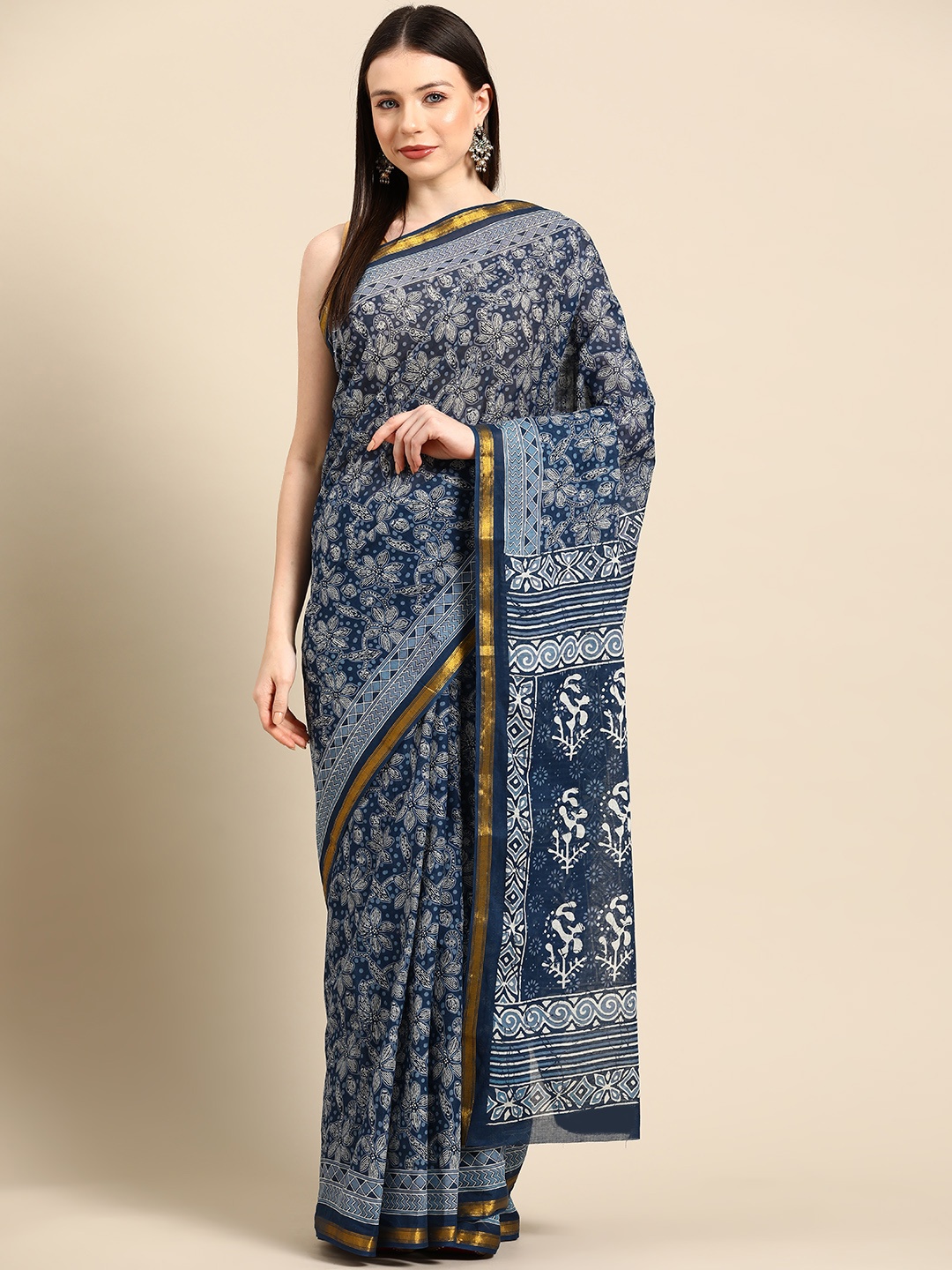 

BUTA BUTI Floral Printed Zari Pure Cotton Saree, Navy blue