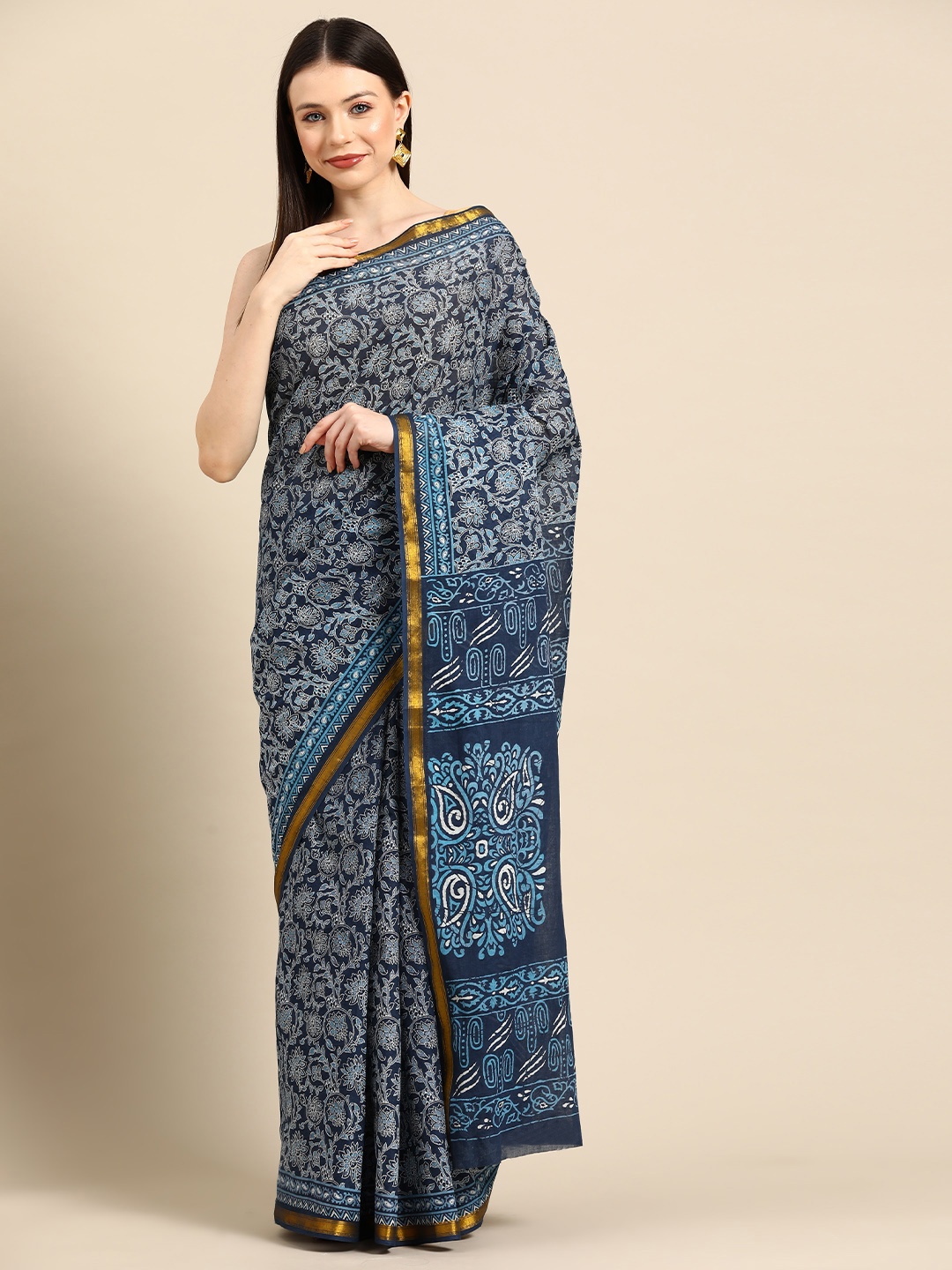 

BUTA BUTI Floral Printed Zari Pure Cotton Saree, Navy blue