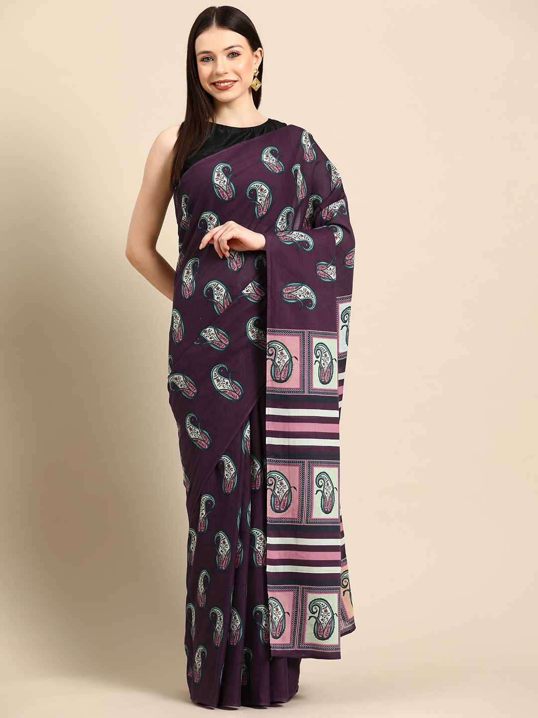 

BUTA BUTI Paisley Printed Zari Pure Cotton Saree, Burgundy