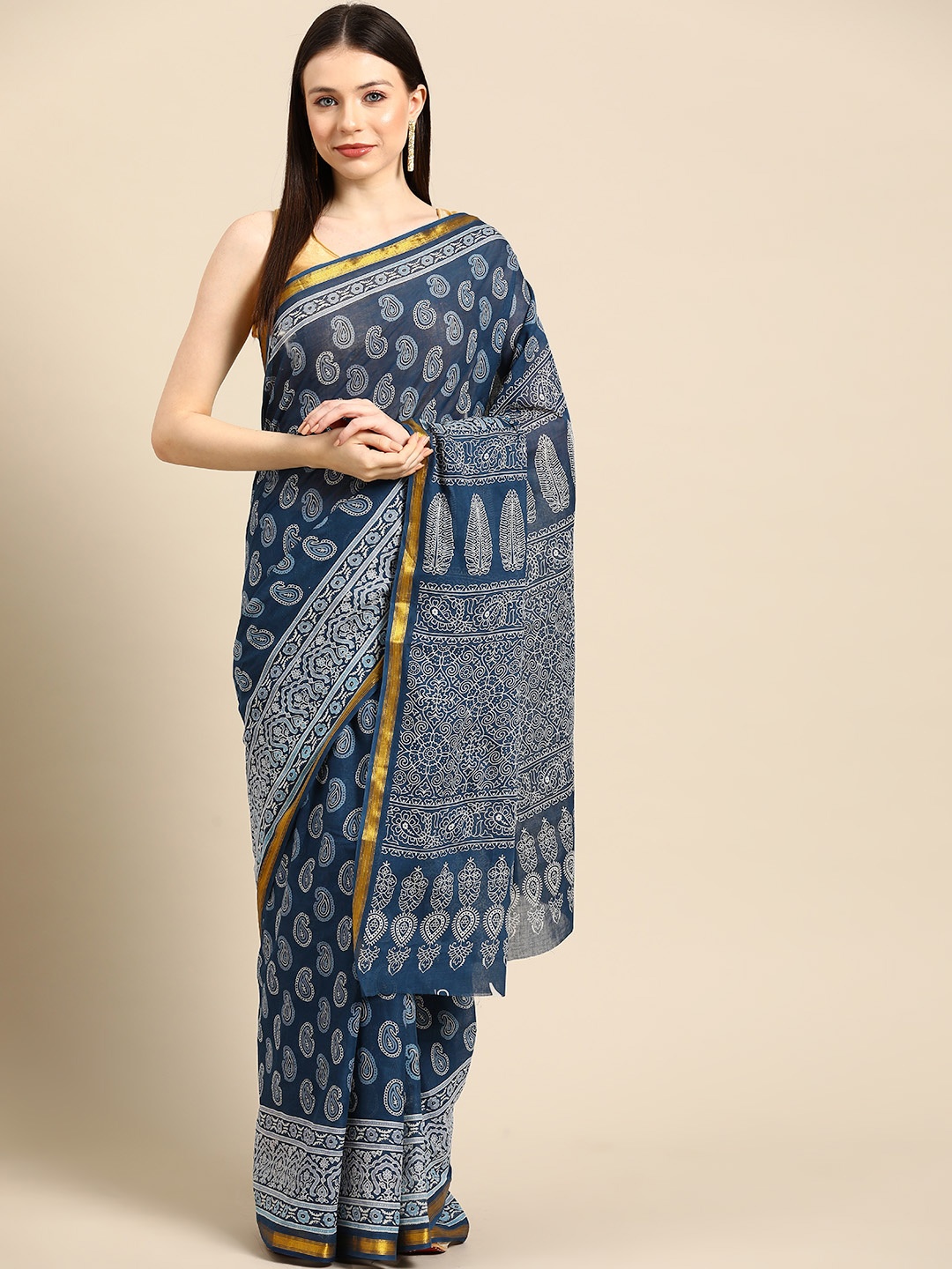 

BUTA BUTI Paisley Printed Zari Pure Cotton Saree, Blue