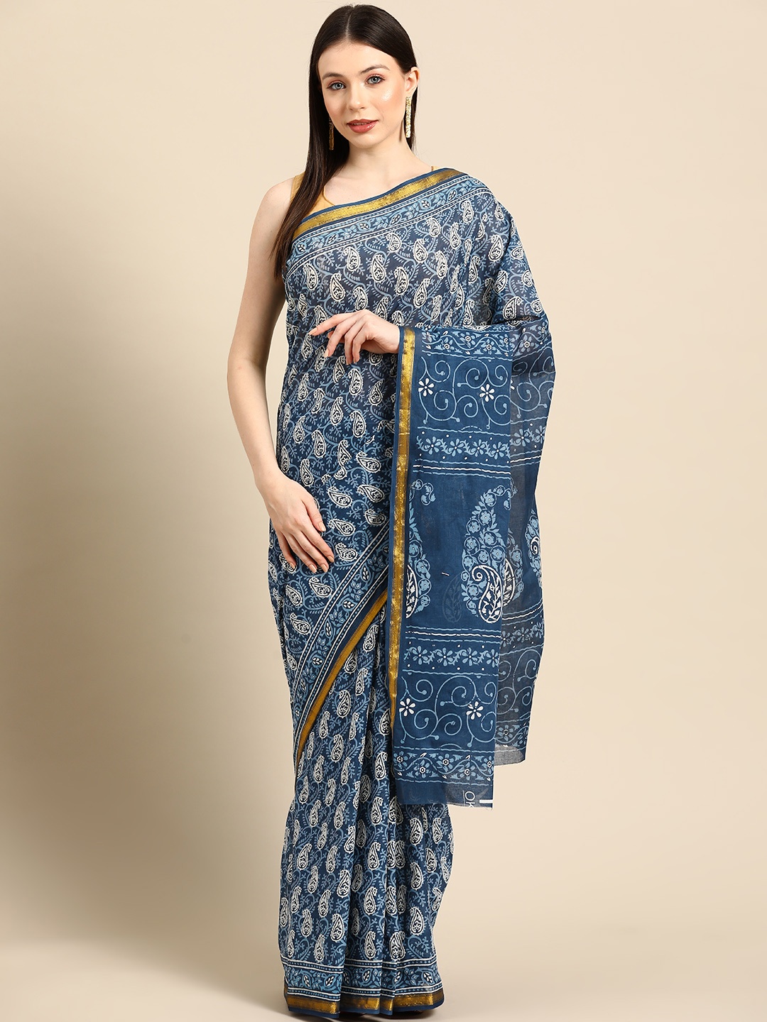 

BUTA BUTI Paisley Printed Zari Pure Cotton Saree, Blue