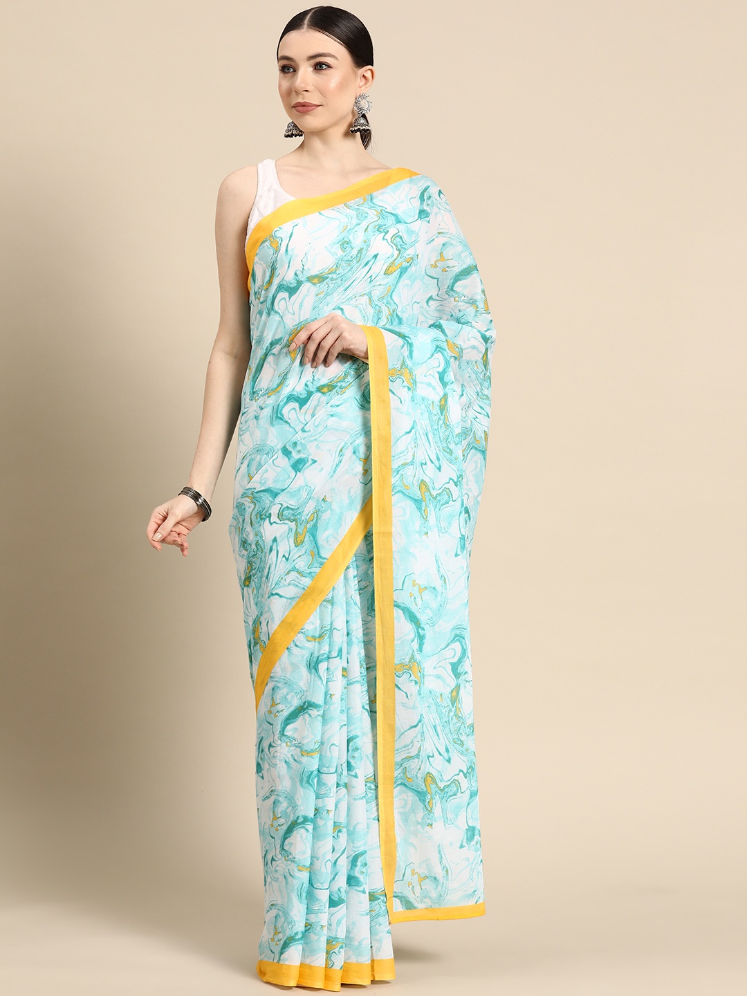 

BUTA BUTI Printed Pure Cotton Saree, Turquoise blue