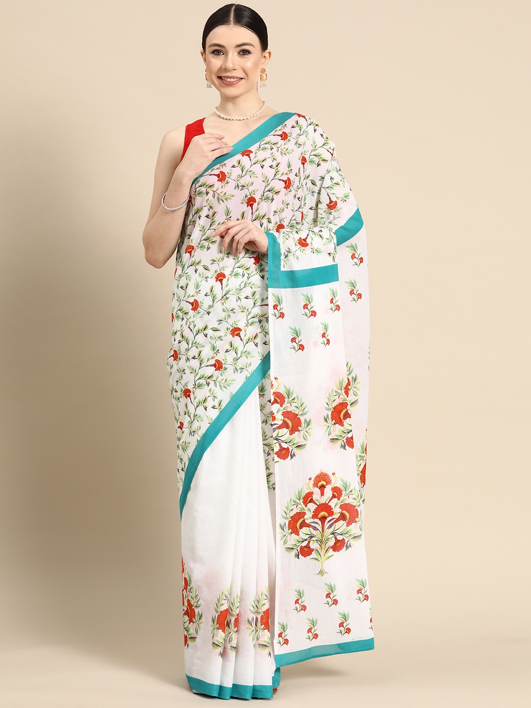 

BUTA BUTI Floral Pure Cotton Saree, White