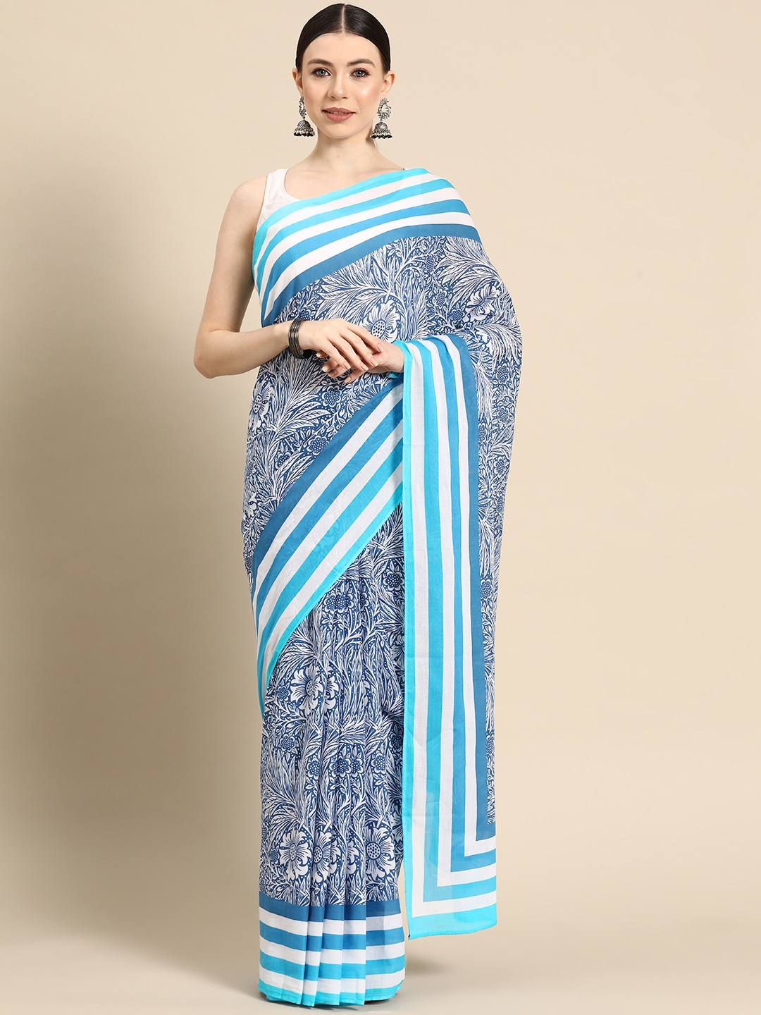 

BUTA BUTI Floral Pure Cotton Saree, Navy blue