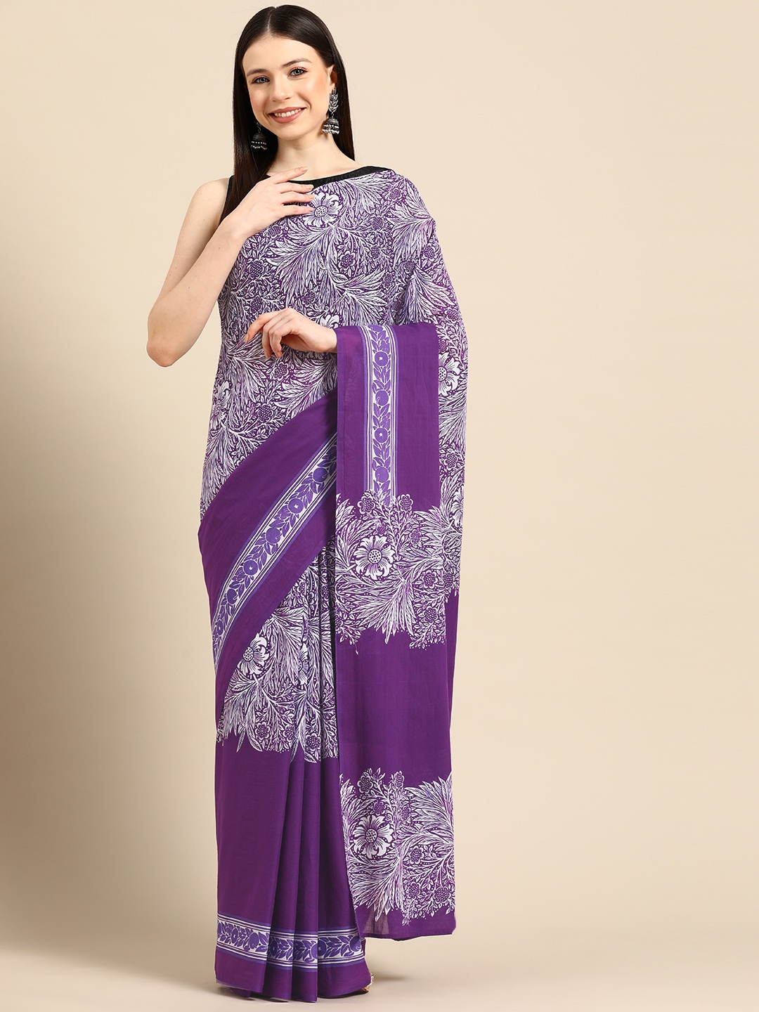 

BUTA BUTI Floral Printed Pure Cotton Saree, Purple