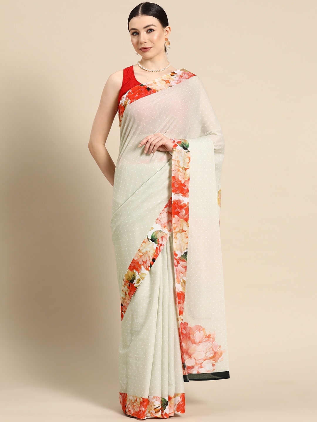 

BUTA BUTI Polka Dot Pure Cotton Saree, Grey