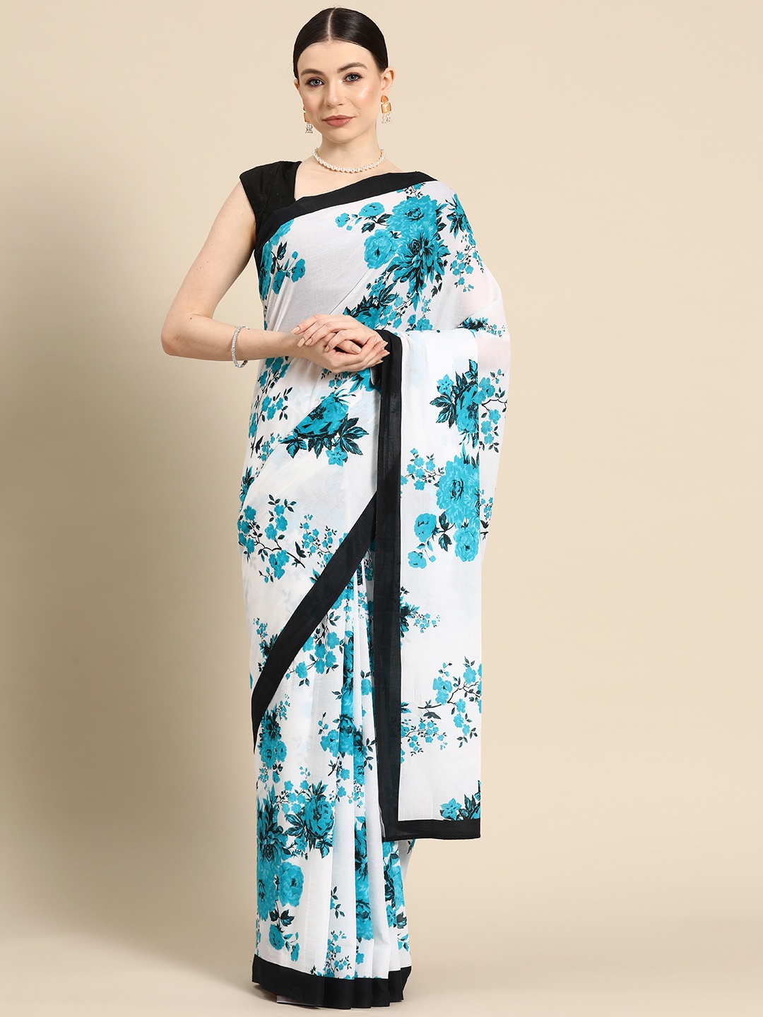 

BUTA BUTI Floral Pure Cotton Saree, White