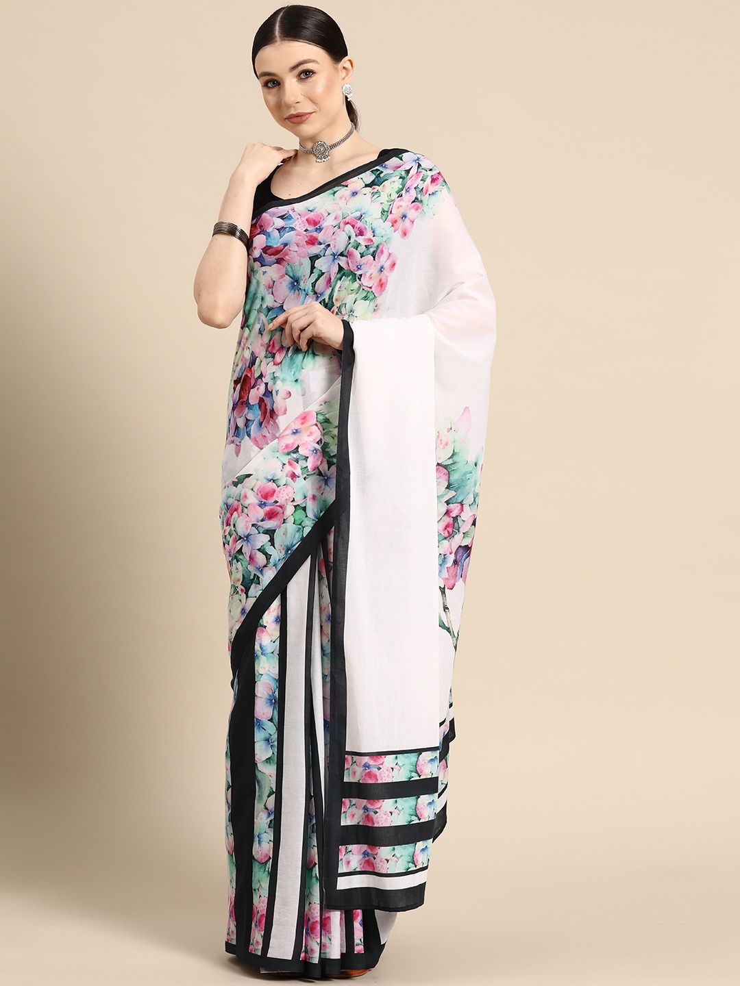 

BUTA BUTI Floral Pure Cotton Saree, White