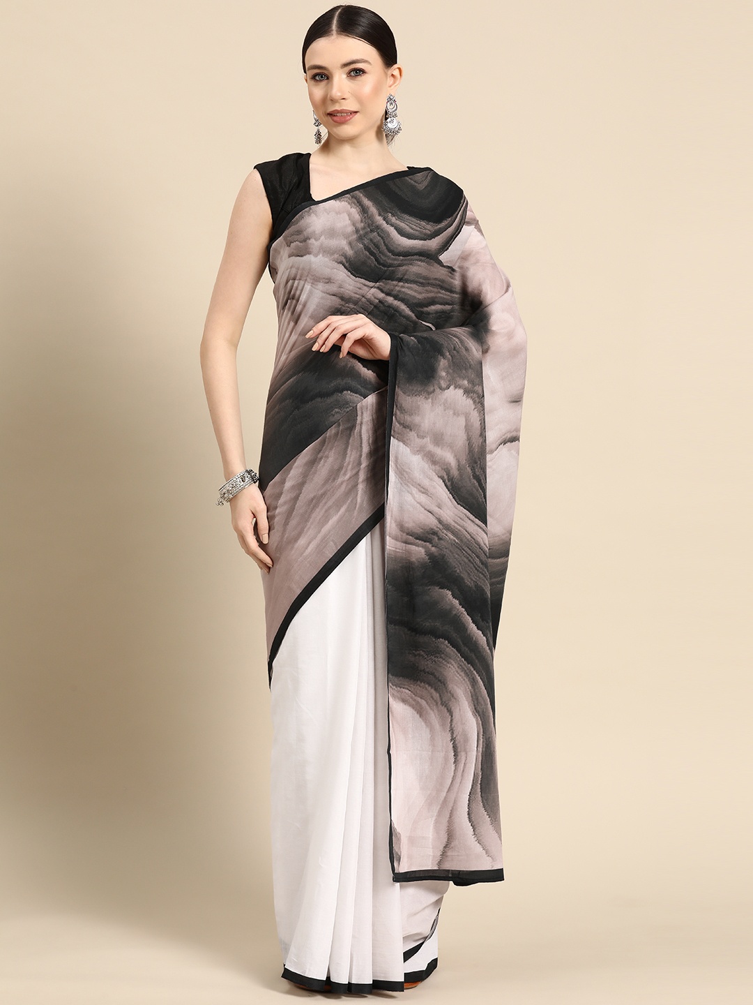 

BUTA BUTI Printed Pure Cotton Half and Half Saree, Black