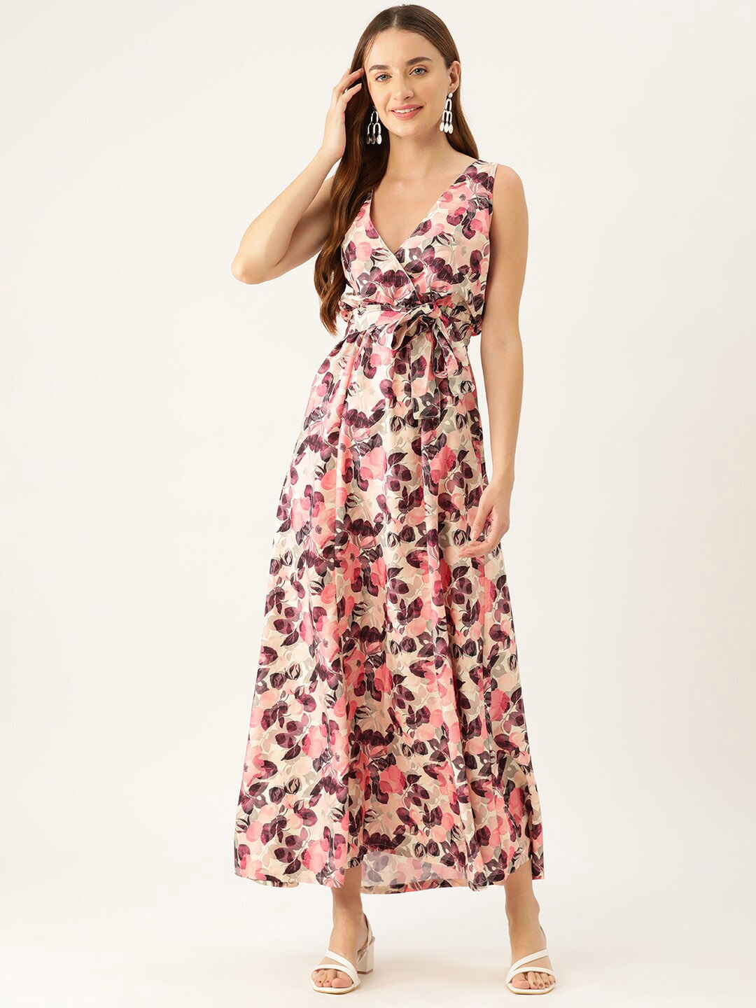 

Sleek Italia Floral Printed Sleeveless Crepe Maxi Dress, Beige